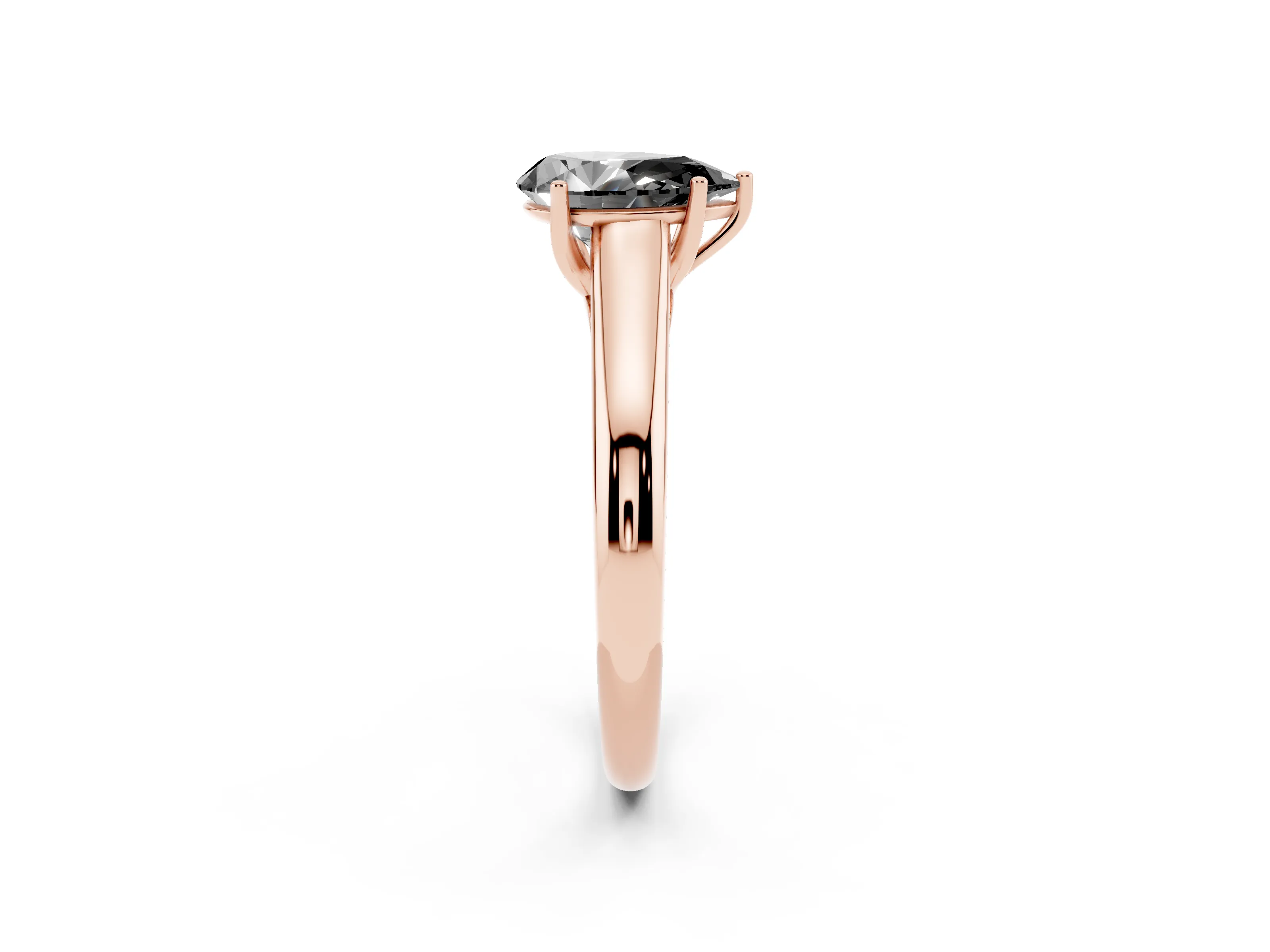 Fancy Black Pear Cut Diamond Solitaire Engagement Ring Set in Rose gold with Subtly Tapered Band and Prong Setting