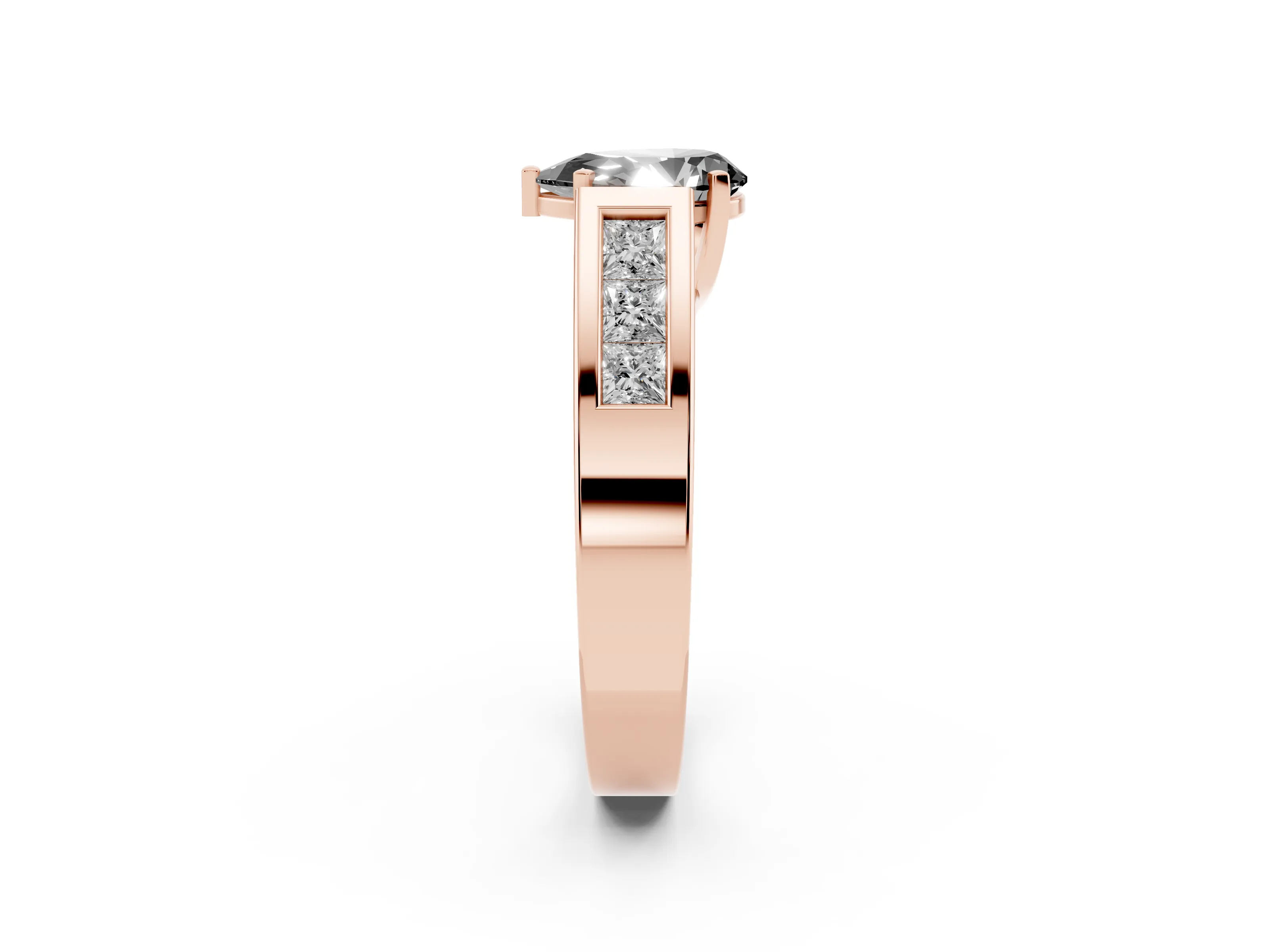 Fancy Black Pear Cut Diamond Solitaire Ring Set in Rose gold with Channel-Set Accent Stones and Prong Setting