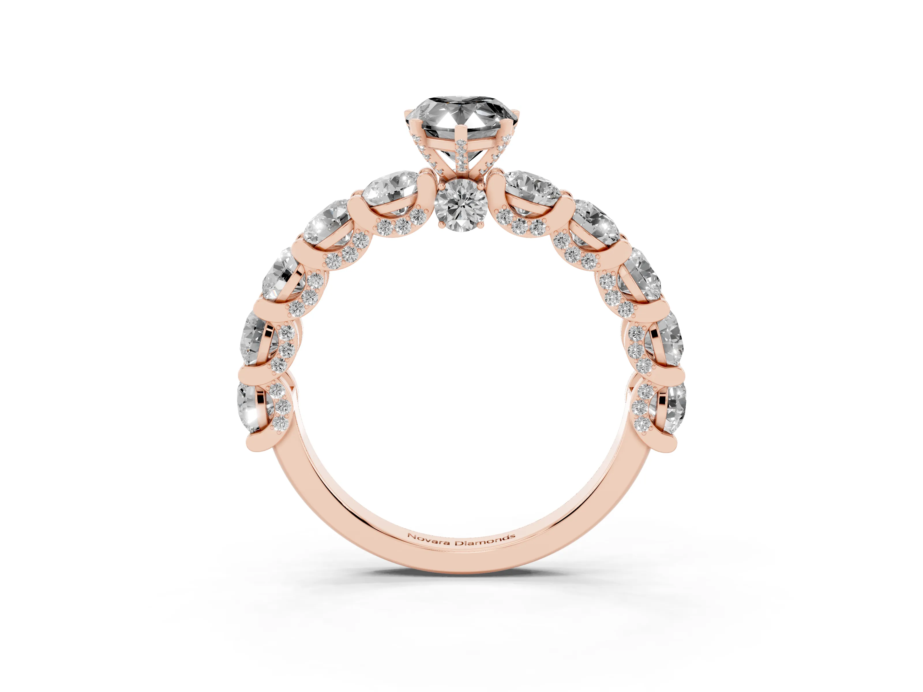 Fancy Black Pear Cut Diamond Side Stone Ring Set in Rose gold with Alternating Round and Oval Side Stones