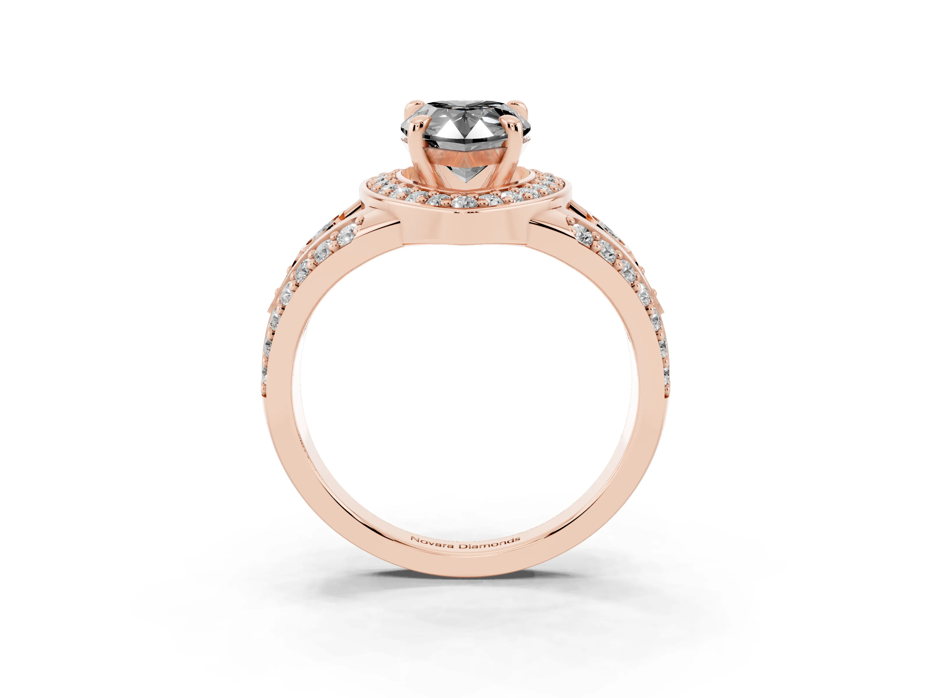 Fancy Black Pear Cut Diamond Halo Ring Set in Rose gold with Pavé Split Shank and Bezel Accents