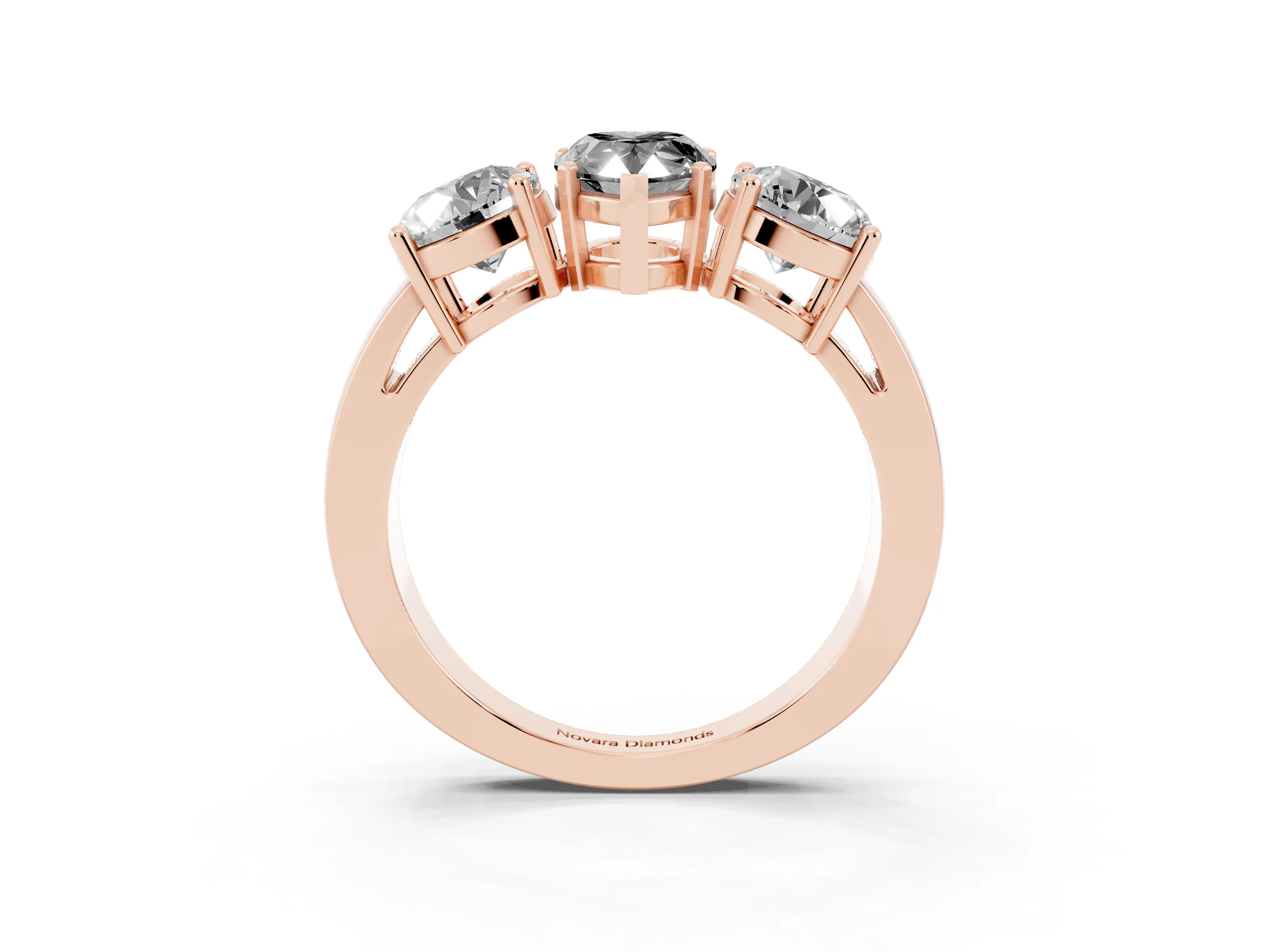 Fancy Black Pear Cut Diamond Three-Stone Ring Set in Rose gold with Round Side Stones and Classic Band