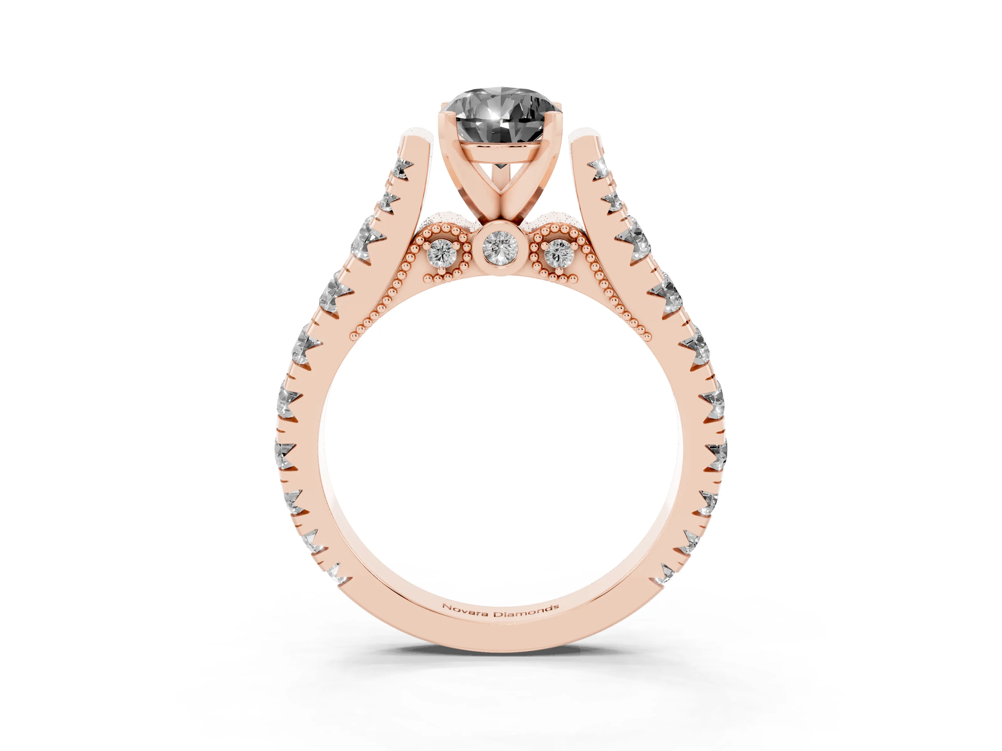 Fancy Black Pear Cut Diamond Classic Solitaire Ring Set in Rose gold with Pavé Band and Prong Setting