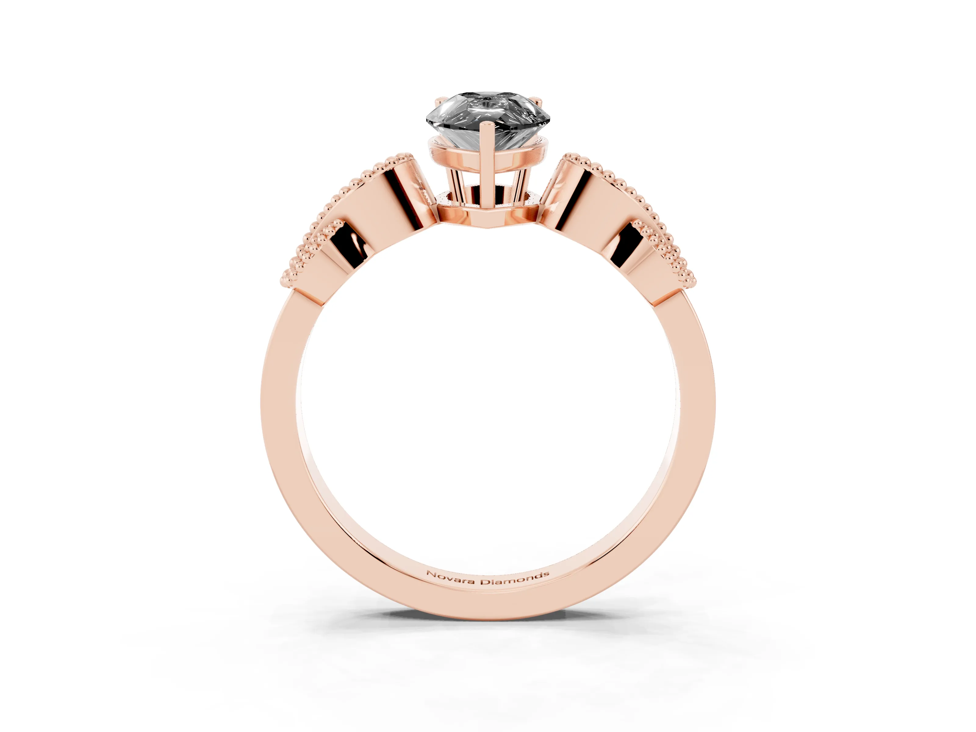 Fancy Black Pear Cut Diamond Milgrain Leaf Band Solitaire Ring Set in Rose gold with Accent Stones and Prong Setting