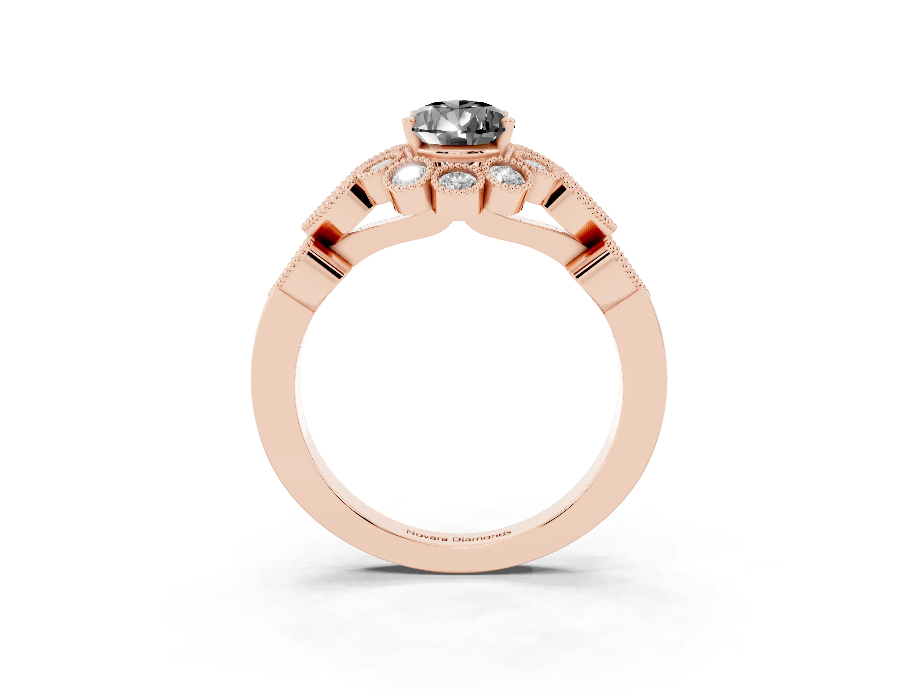 Fancy Black Pear Cut Diamond Solitaire Ring Set in Rose gold with Milgrain Pavé Heart Band