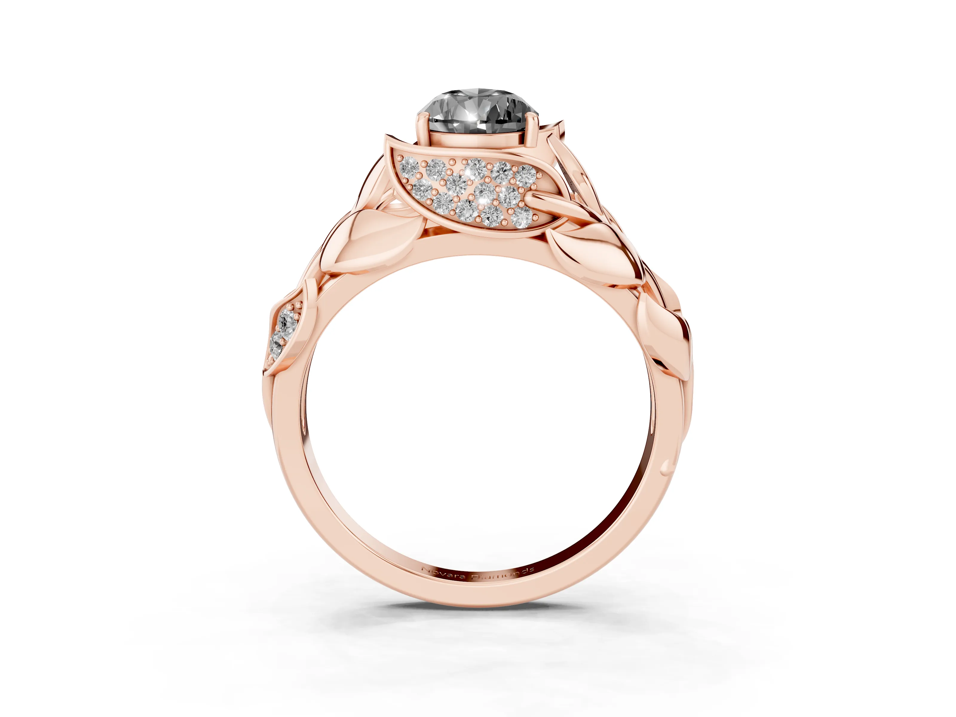 Fancy Black Pear Cut Diamond Leaf-Inspired Engagement Ring Set in Rose gold with Round Accents