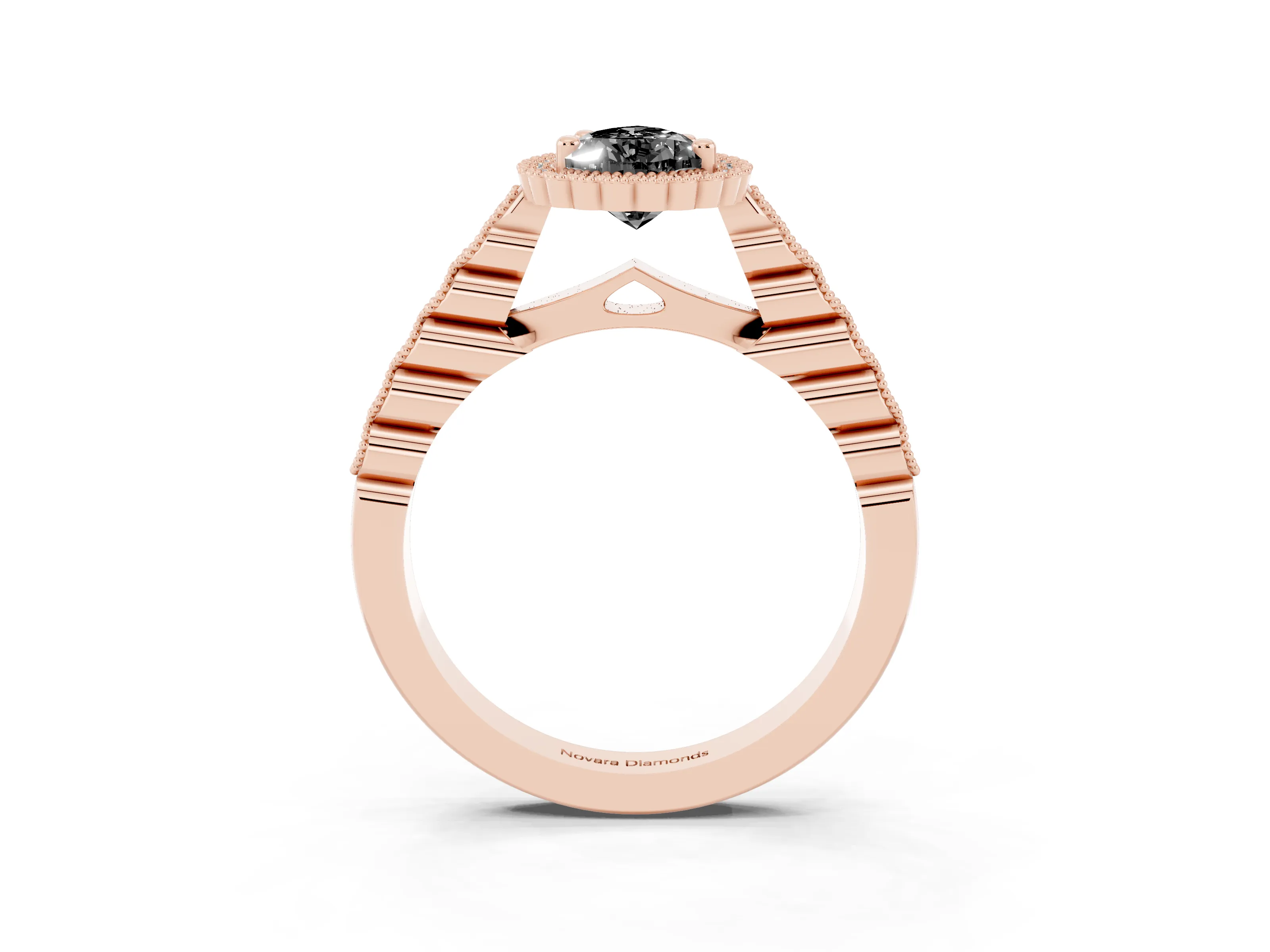 Fancy Black Pear Cut Diamond Halo Ring Set in Rose gold with Pavé Milgrain Band
