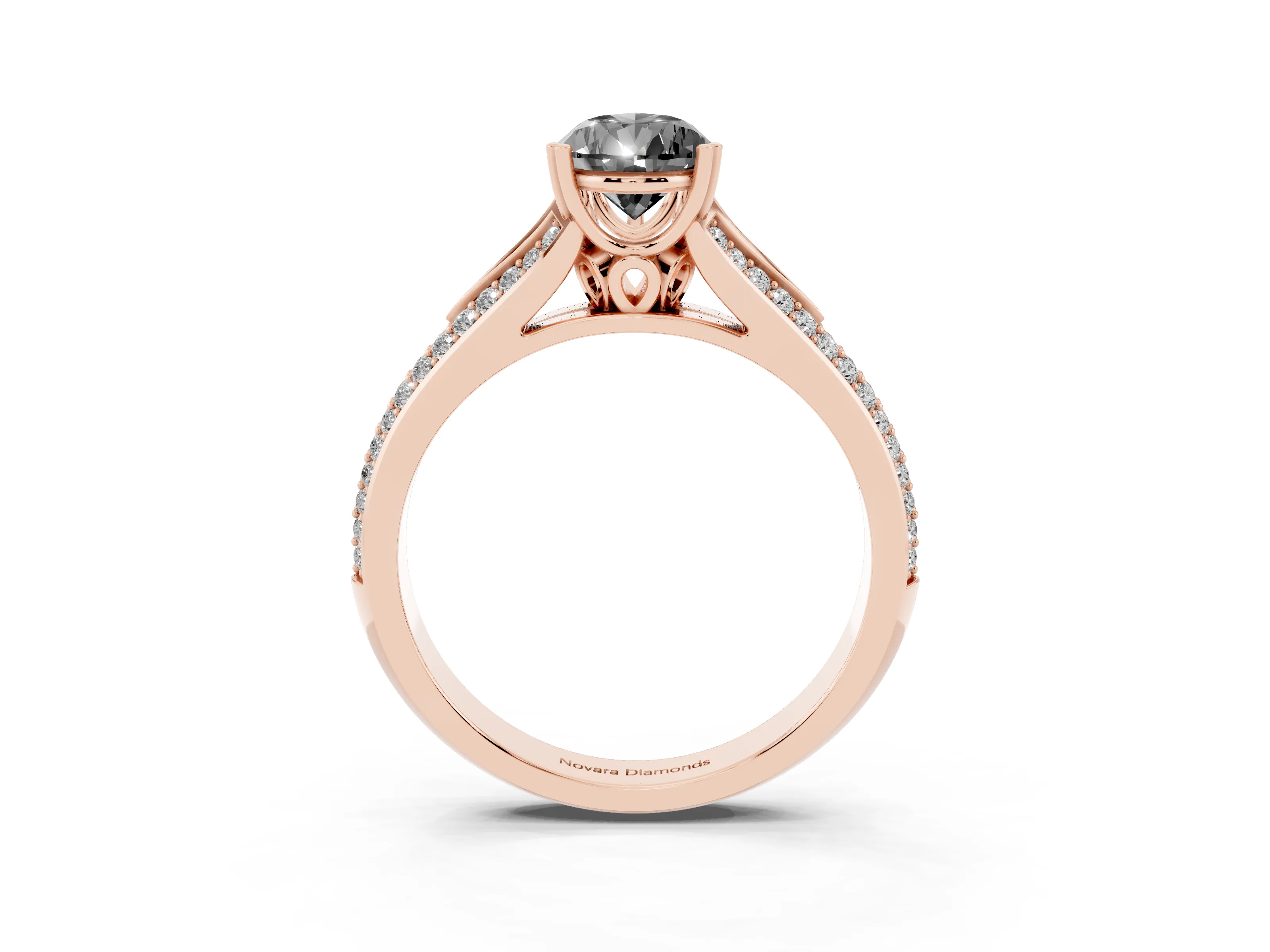 Fancy Black Pear Cut Diamond Split Shank Pavé Engagement Ring Set in Rose gold with Prong-Set Center Stone