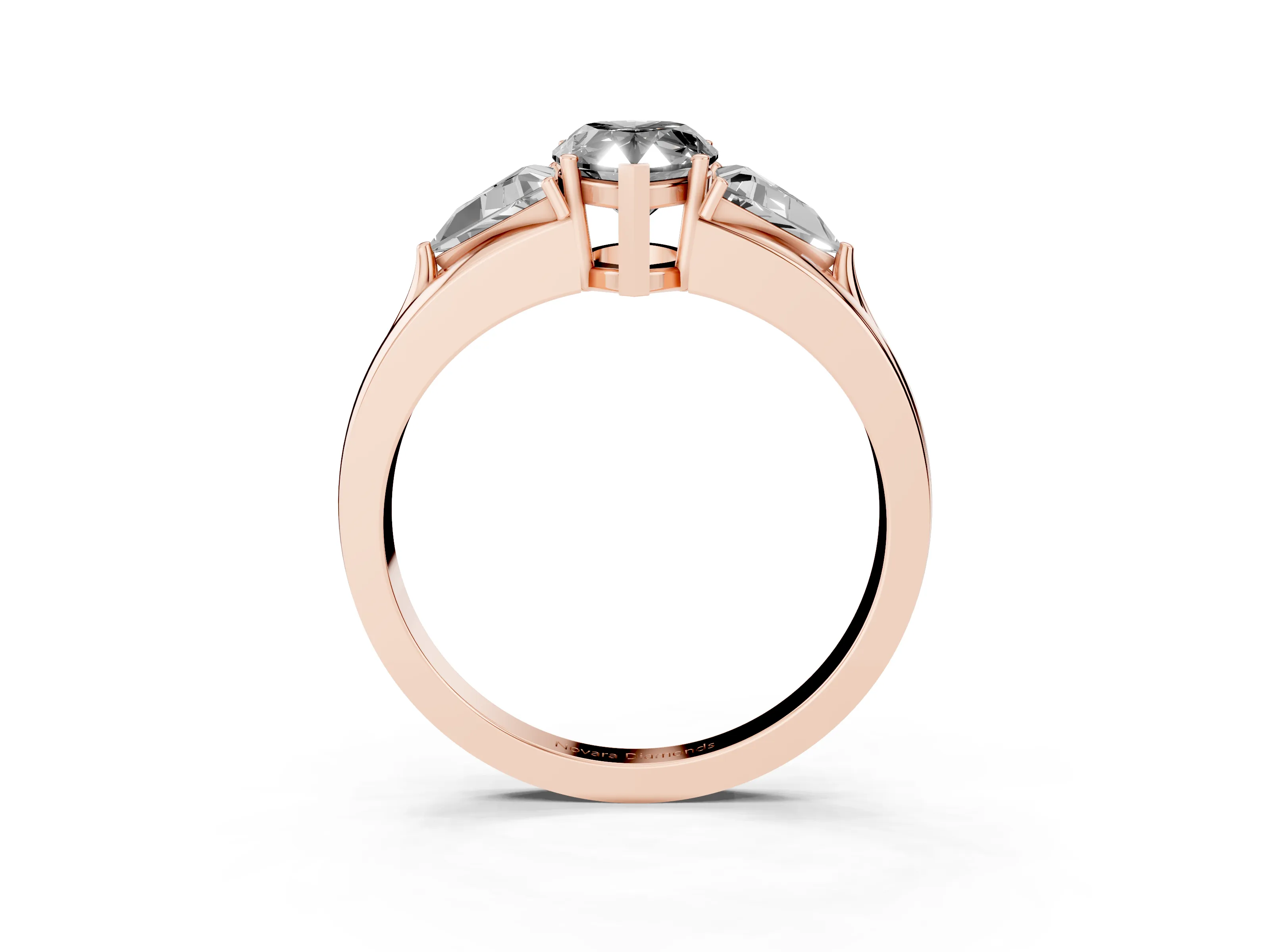 Fancy Black Pear Cut Diamond Three-Stone Ring Set in Rose gold with Trillion Side Stones and Split Shank