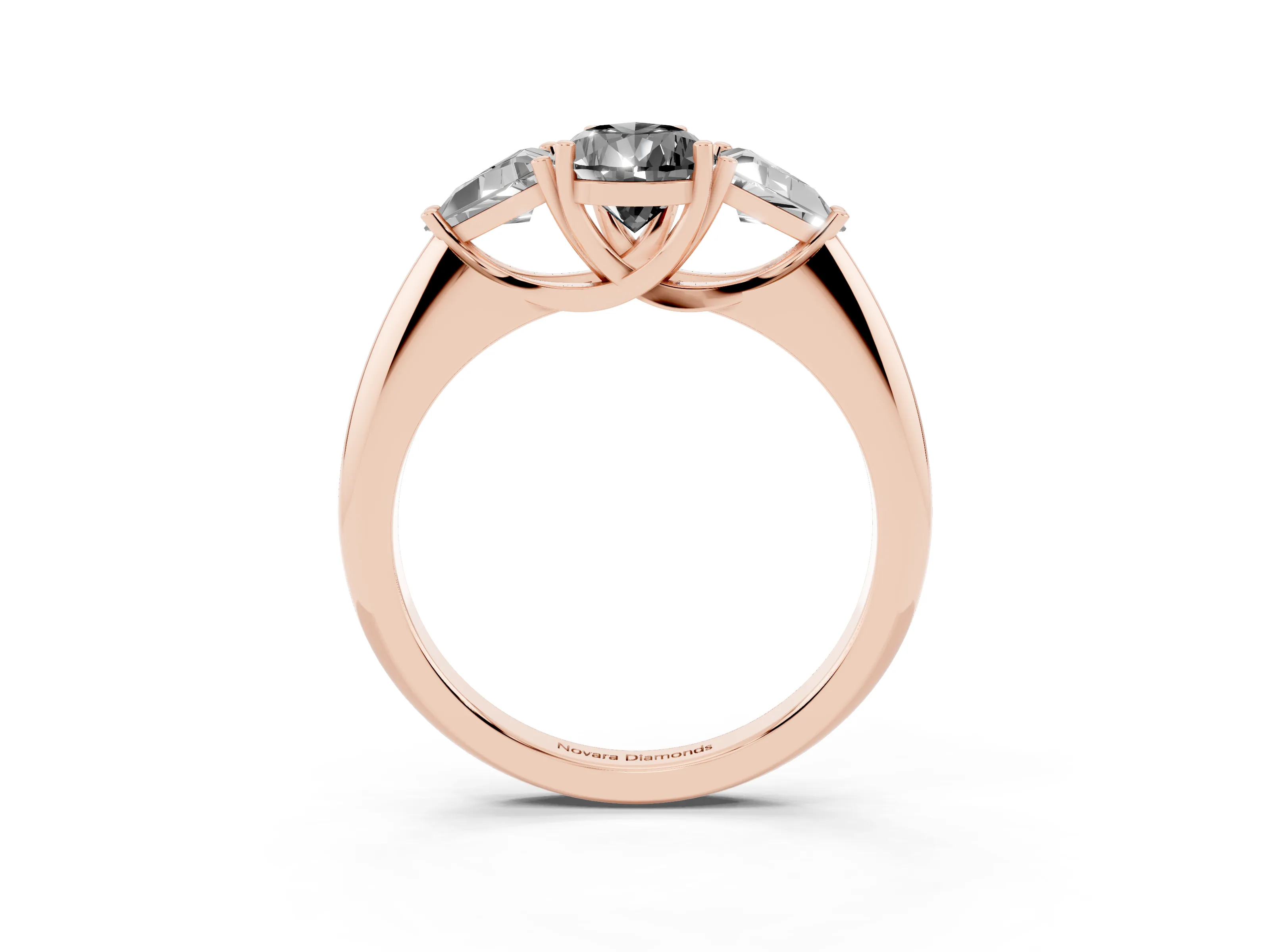 Fancy Black Pear Cut Diamond Three-Stone Engagement Ring Set in Rose gold with Trillion Side Stones
