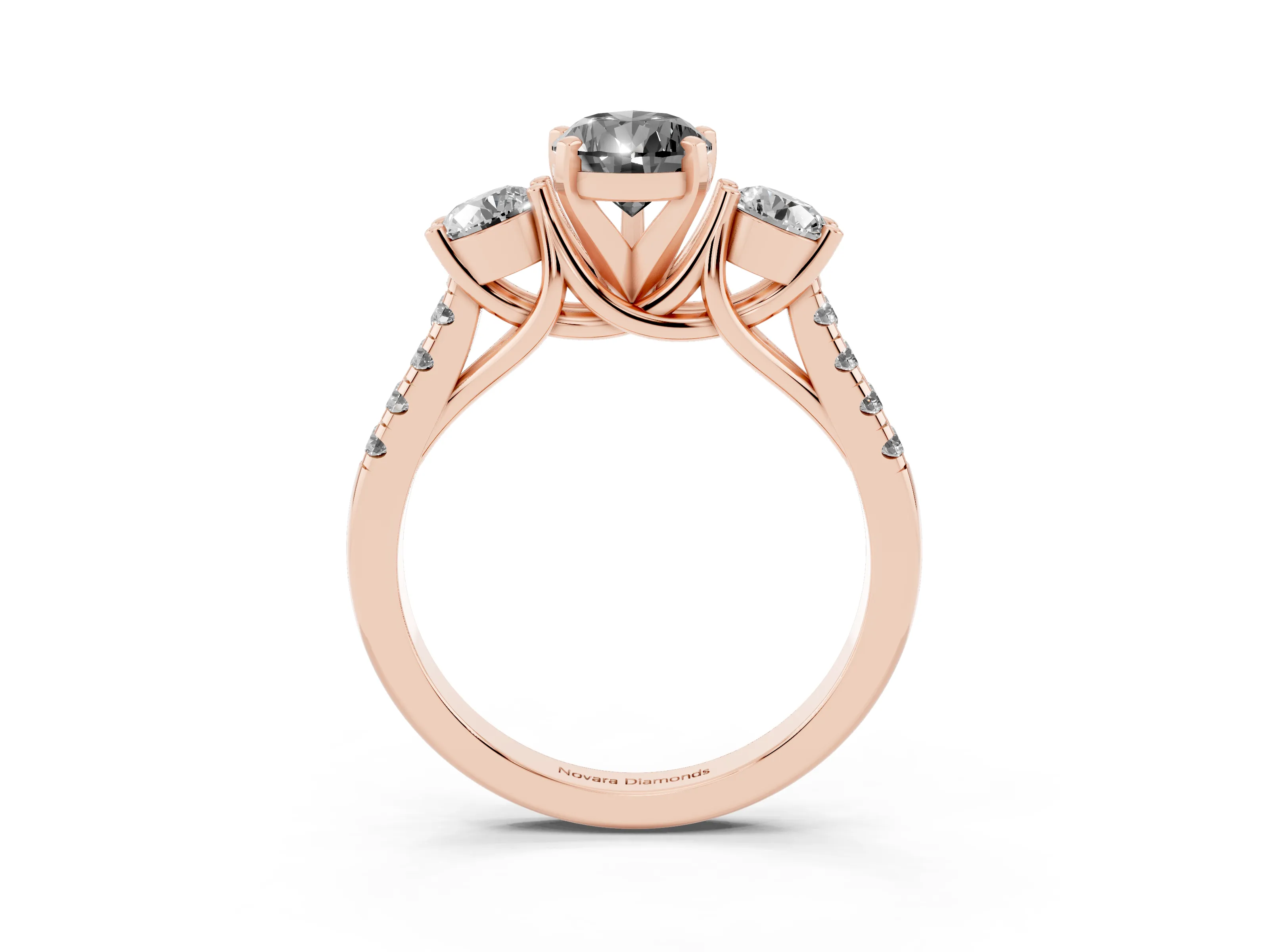 Fancy Black Three-Stone Pear Cut Diamond Pavé Band Ring Set in Rose gold with Prong-Set Trio