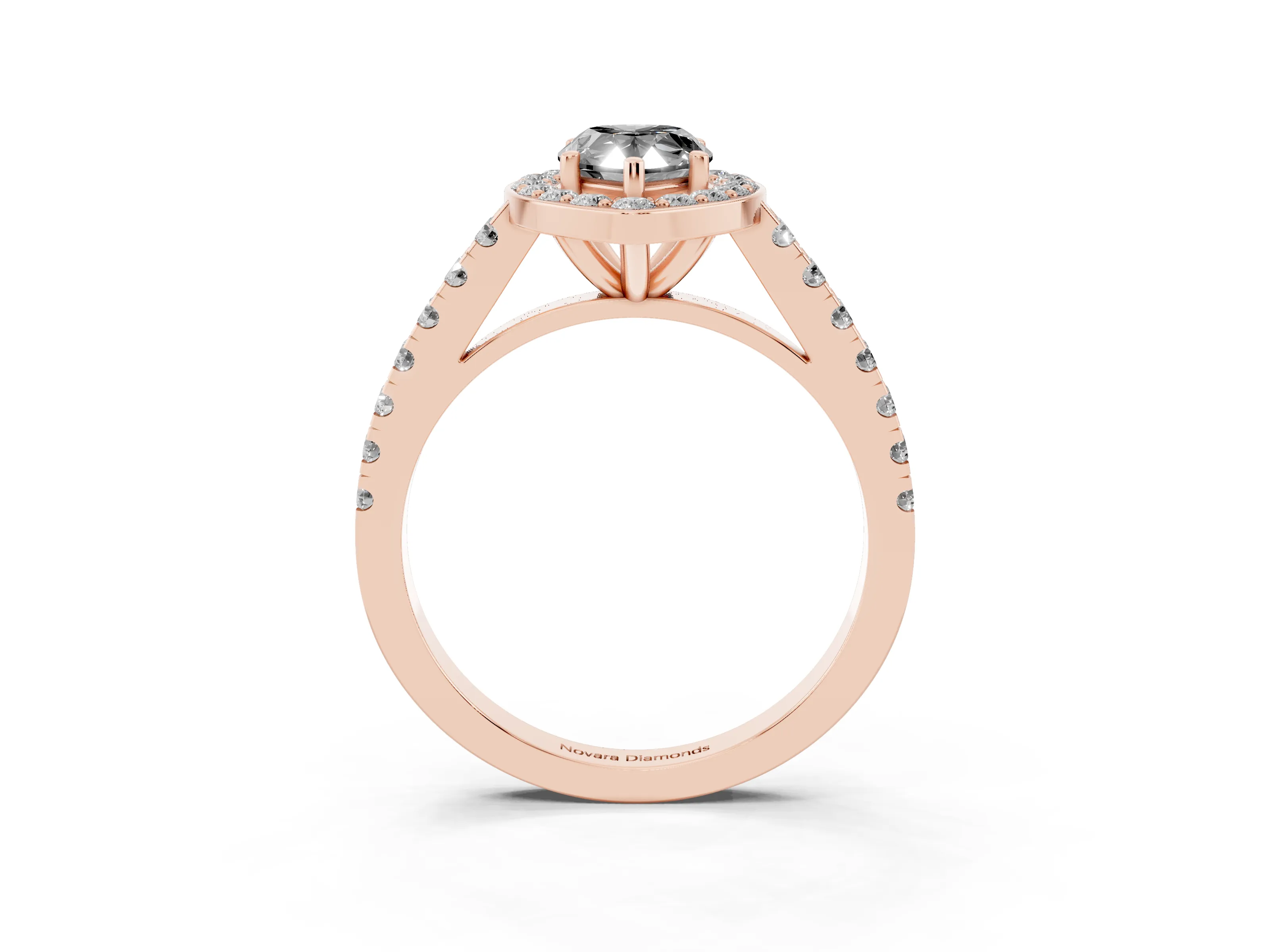 Fancy Black Pear Cut Diamond Halo Ring Set in Rose gold with Round Pavé Split Shank and Prong Setting