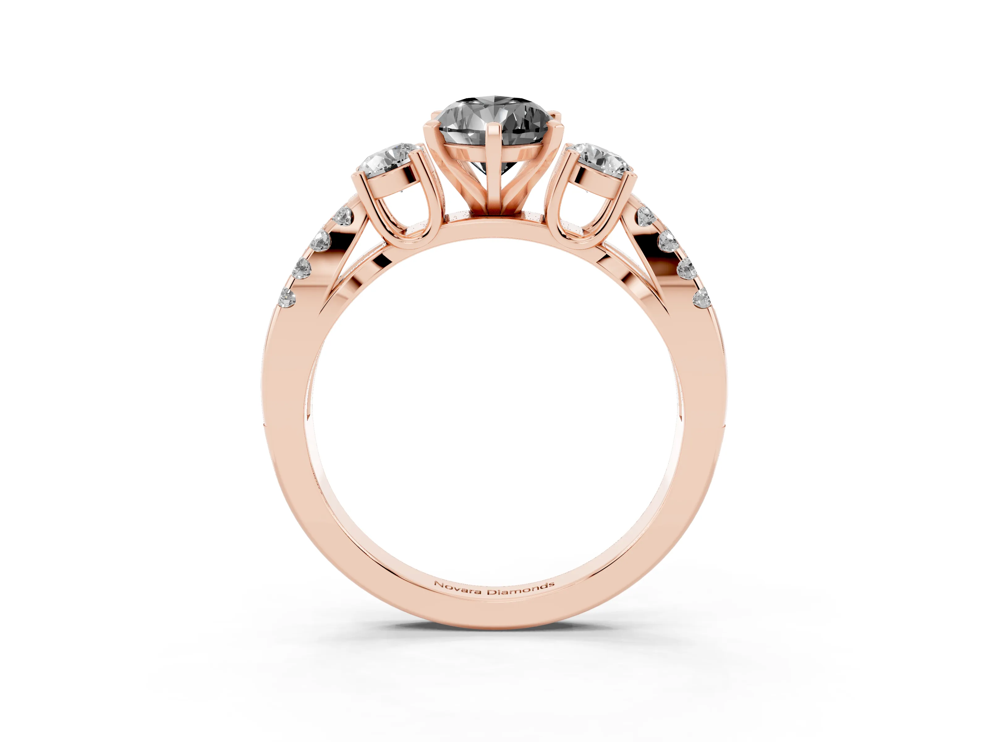 Fancy Black Pear Cut Diamond Three-Stone Ring Set in Rose gold with Pavé Split Shank and Prong Setting
