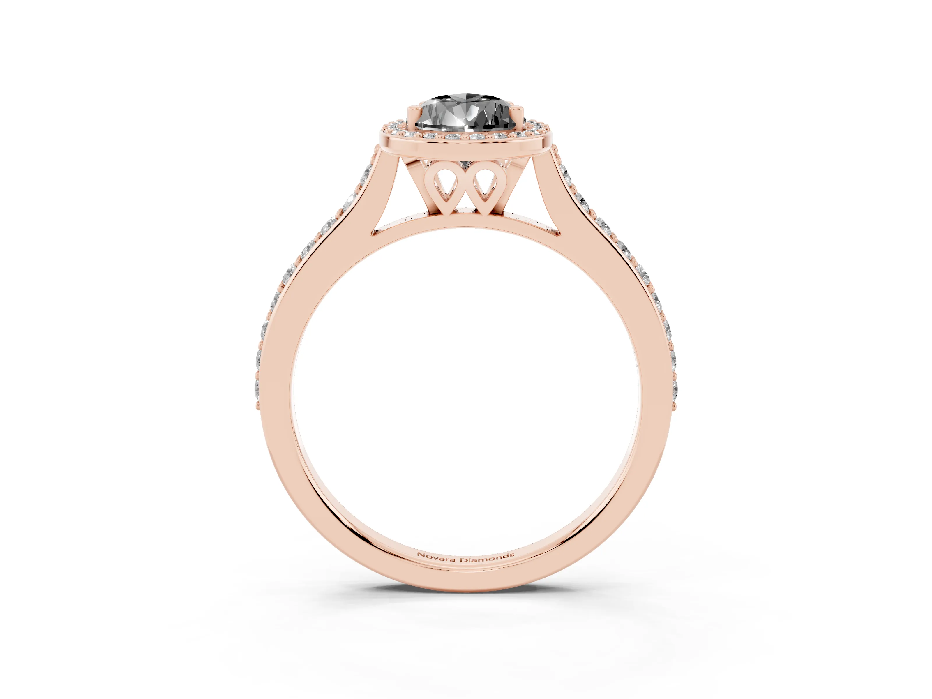 Fancy Black Pear Cut Diamond Halo Engagement Ring Set in Rose gold with Round Pavé Shoulders and Heart Gallery