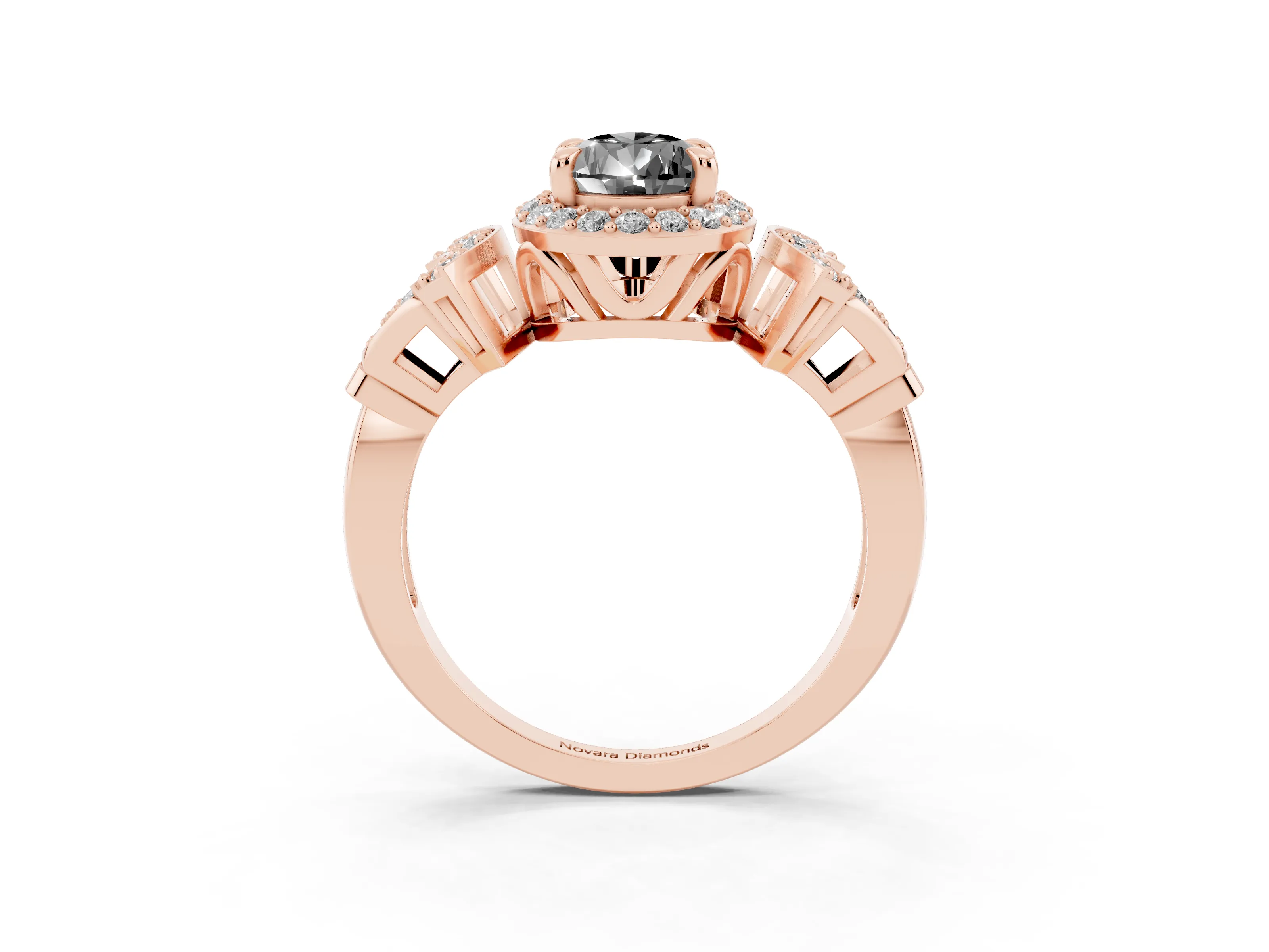 Fancy Black Pear Cut Diamond Halo Engagement Ring Set in Rose gold with Accent Stone Split Shank