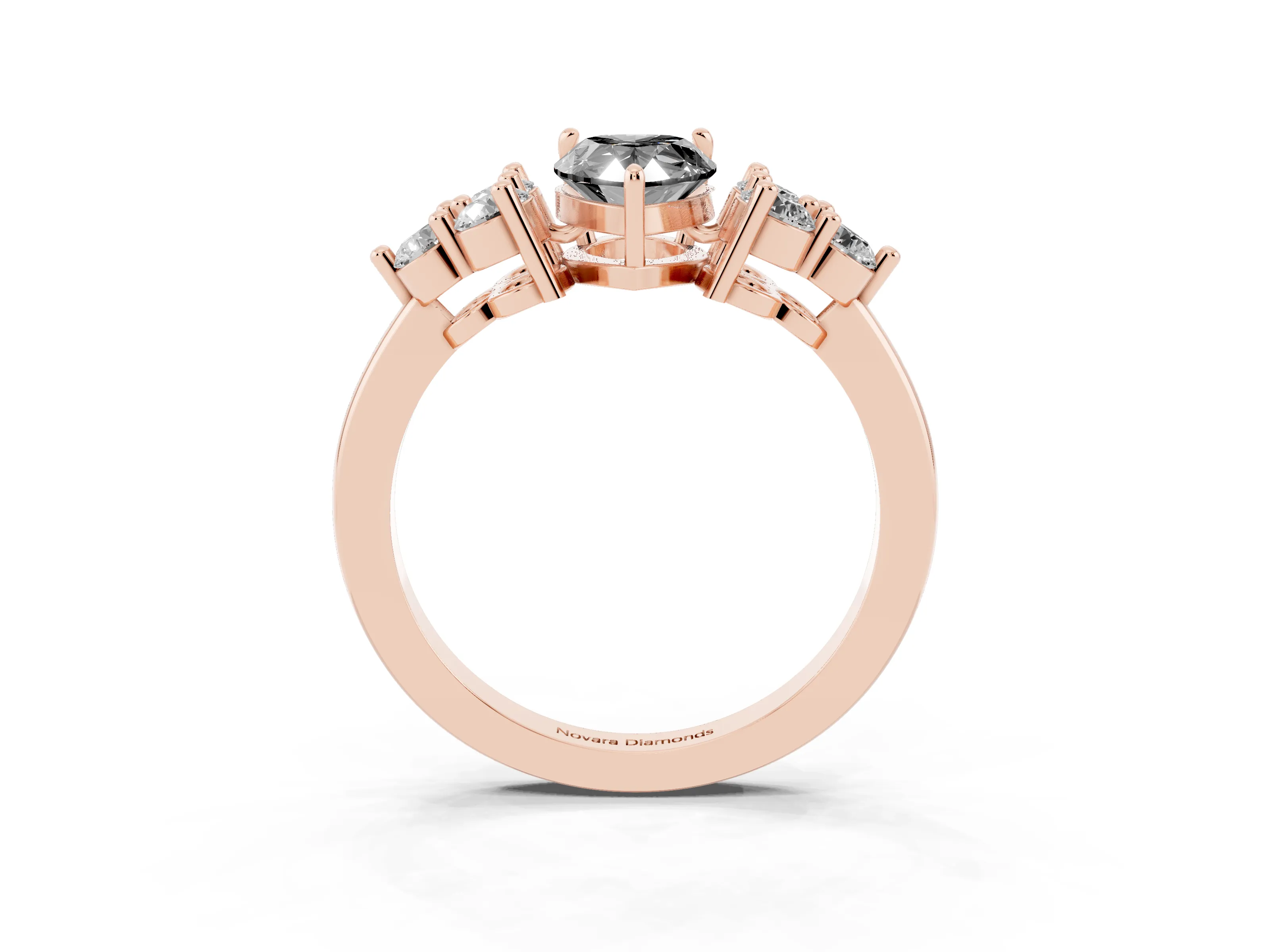 Fancy Black Pear Cut Diamond Solitaire Ring Set in Rose gold with Cluster Accents on Each Side