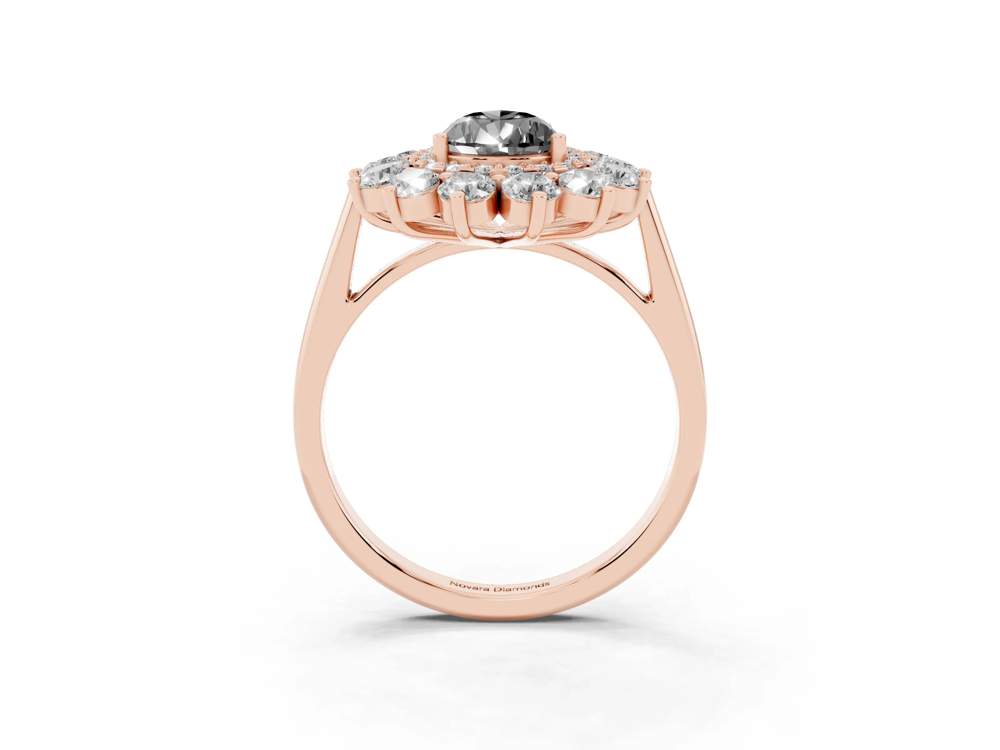 Fancy Black Pear Cut Diamond Floral Double Halo Ring Set in Rose gold with Round Petals