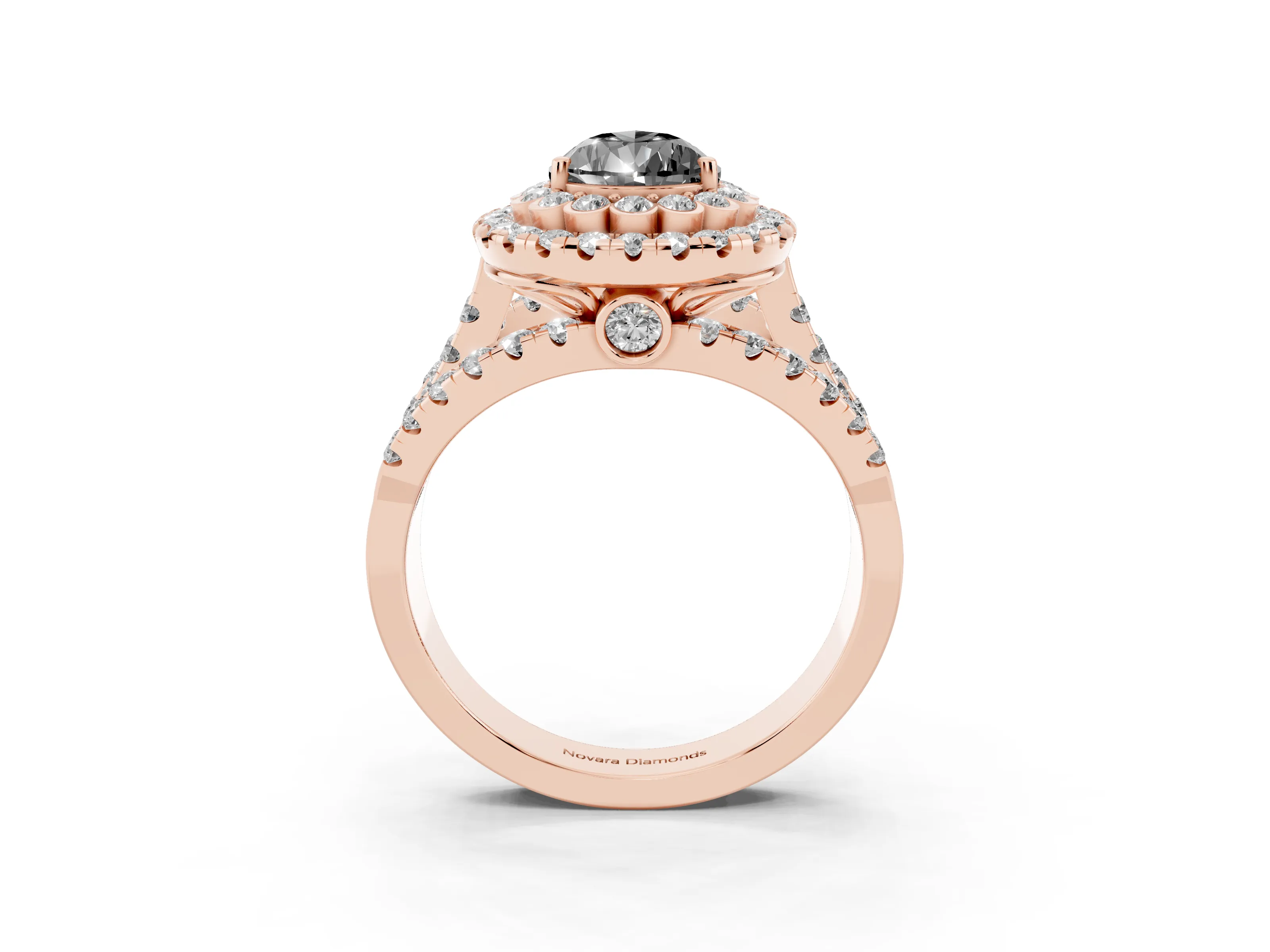 Fancy Black Pear Cut Diamond Double Halo Ring Set in Rose gold with Round Pavé Split Shank