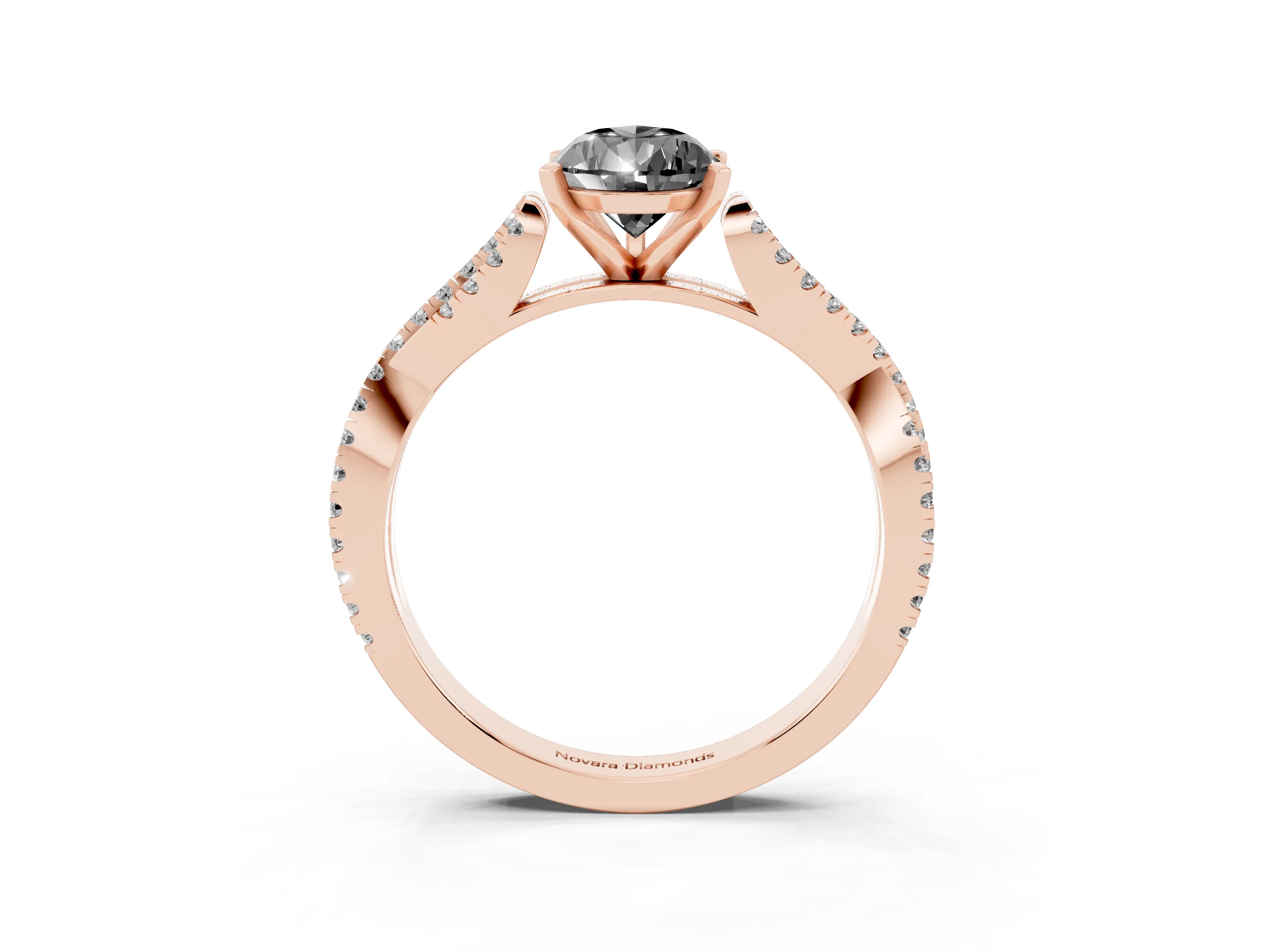 Fancy Black Pear Cut Diamond Solitaire Engagement Ring Set in Rose gold with Twisted Pavé Band and Prong Setting