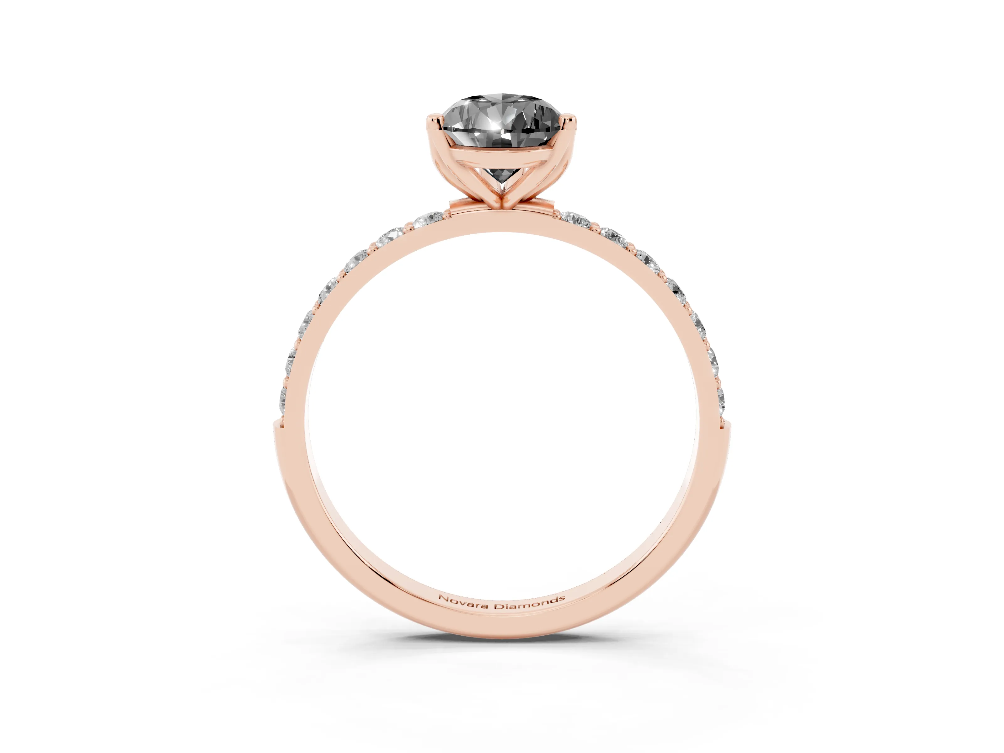Fancy Black Pear Cut Diamond Solitaire Engagement Ring Set in Rose gold with Round Pavé Band and Prong Setting