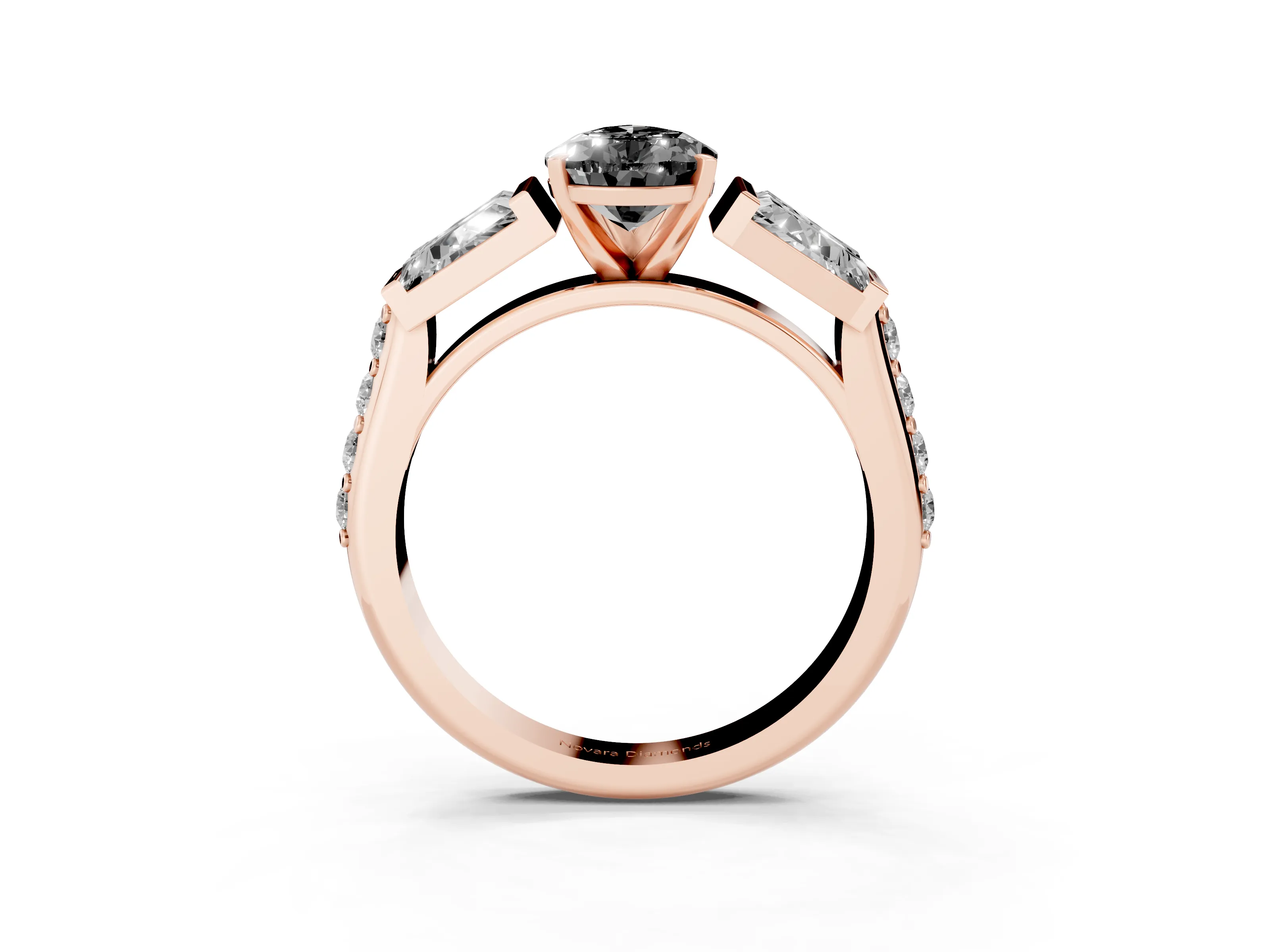 Fancy Black Pear Cut Diamond Engagement Ring Set in Rose gold with Baguette Side Stones and Channel Set Band