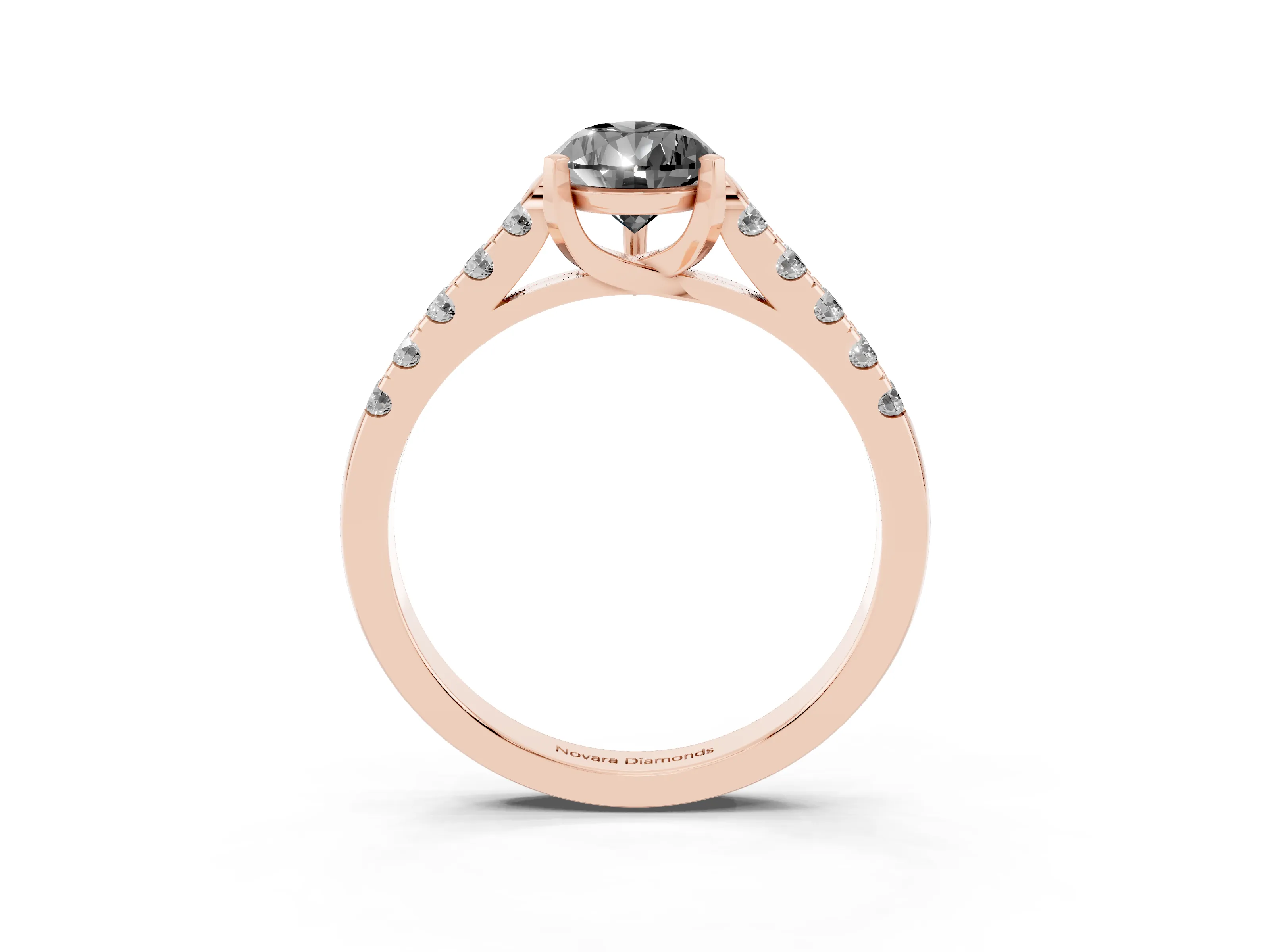 Fancy Black Pear Cut Diamond Pavé Band Solitaire Ring Set in Rose gold with Partway Accent Stones and Prong Setting