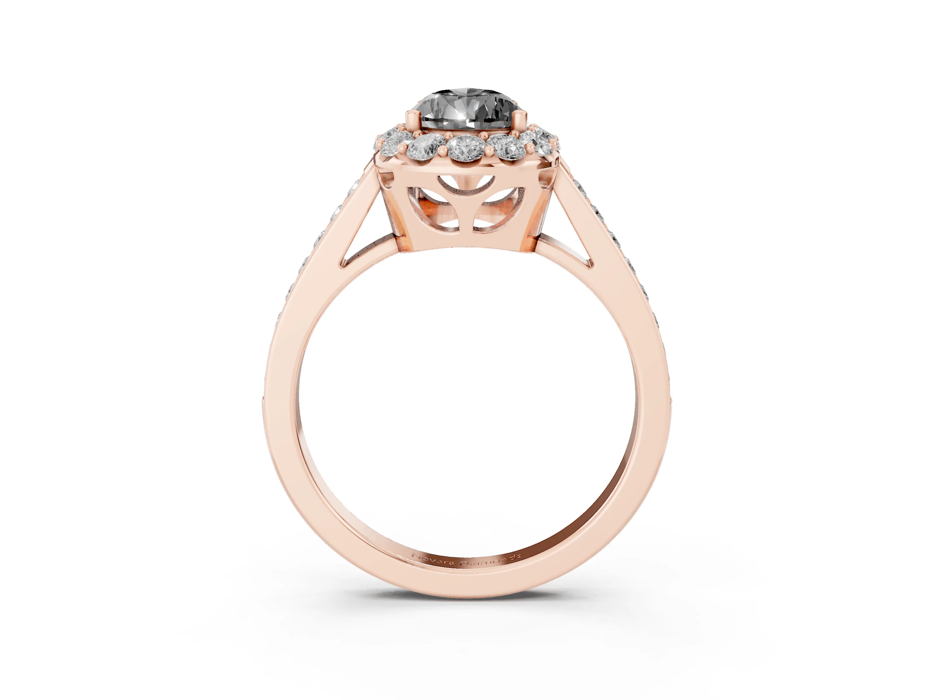 Fancy Black Pear Cut Diamond Floral Halo Ring Set in Rose gold with Pavé Band and Prong Setting