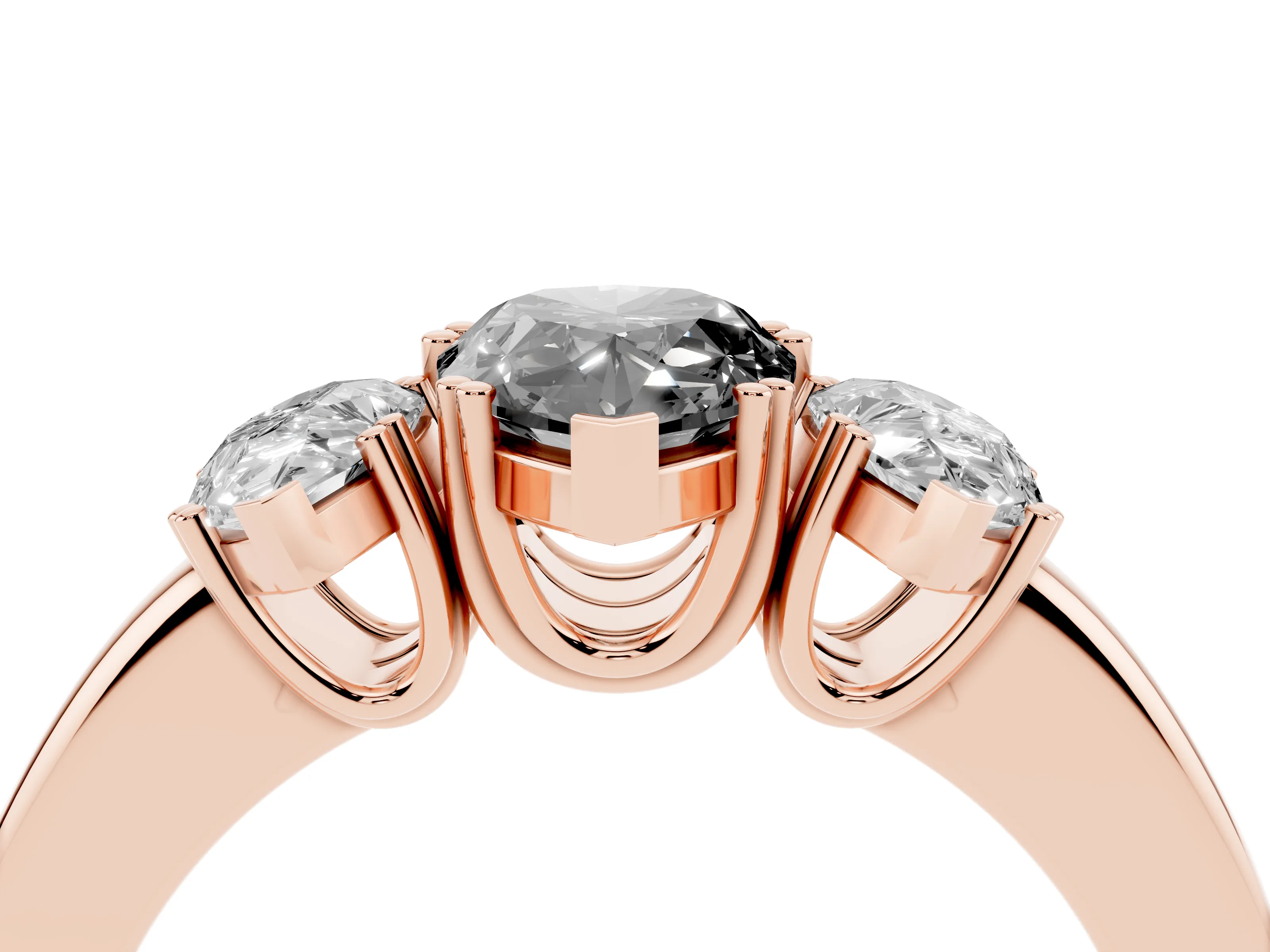 Fancy Black Pear Cut Diamond Three-Stone Ring Set in Rose gold with Polished Channel-Set Band