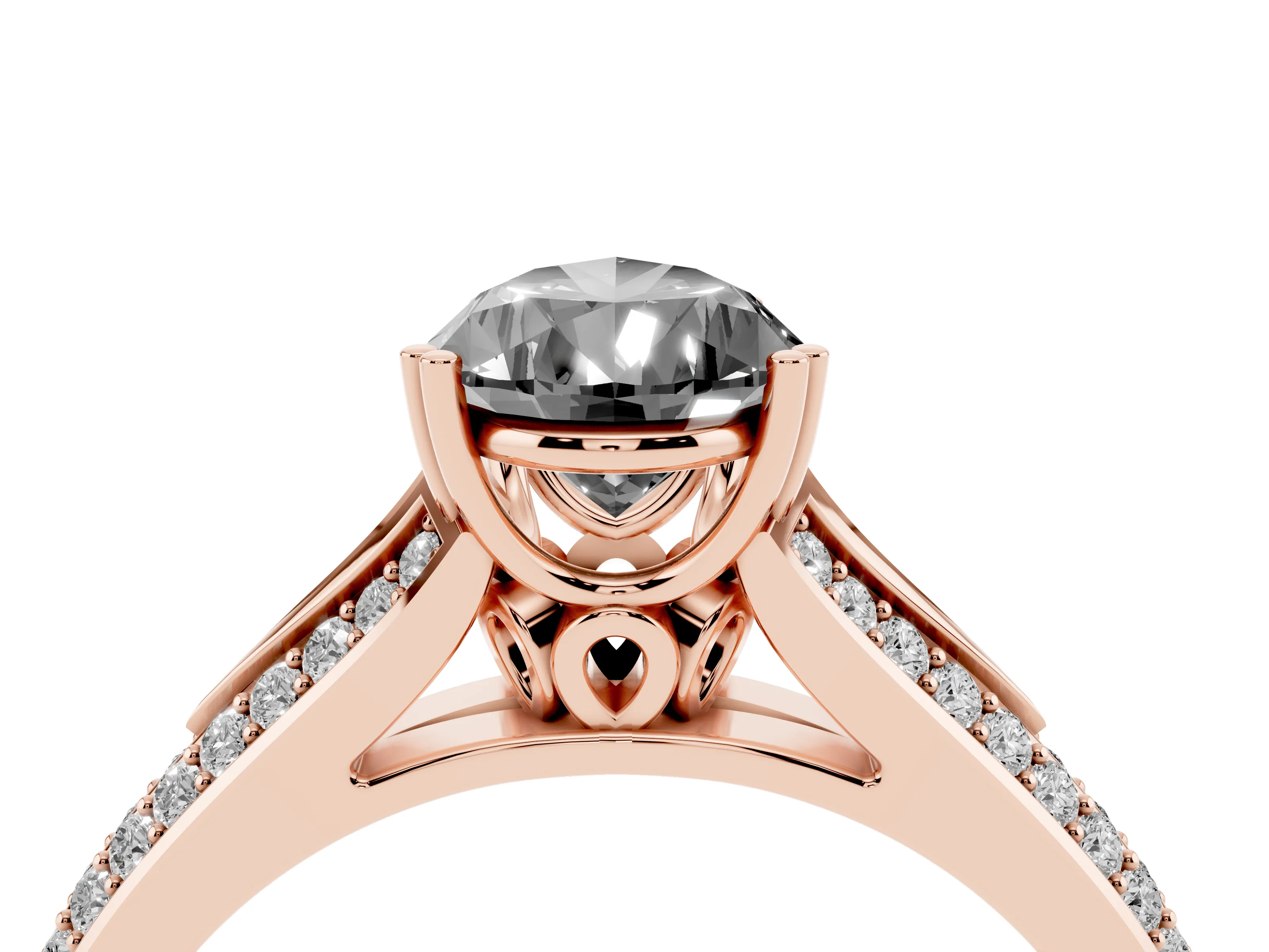 Fancy Black Pear Cut Diamond Split Shank Pavé Engagement Ring Set in Rose gold with Prong-Set Center Stone