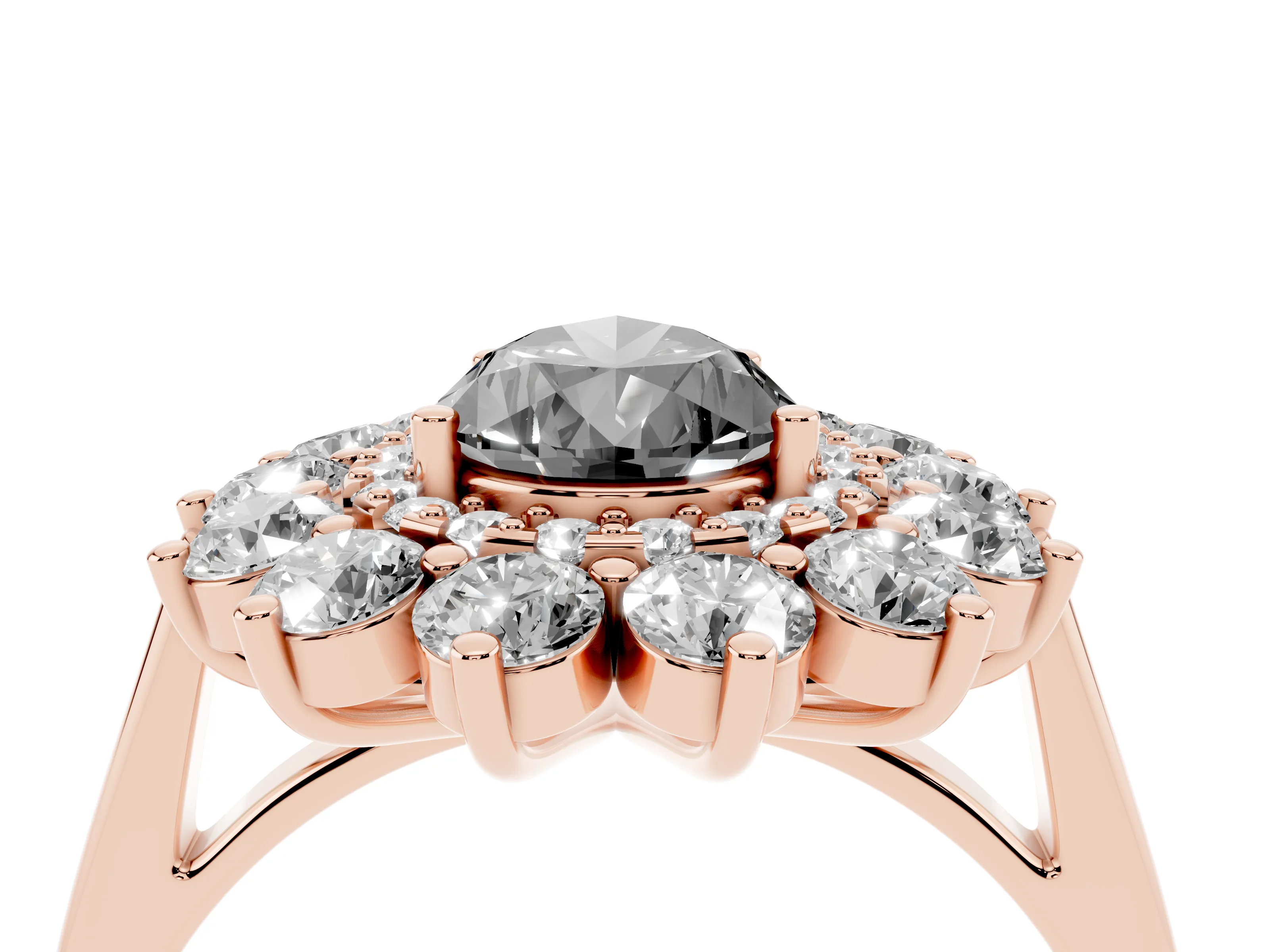 Fancy Black Pear Cut Diamond Floral Double Halo Ring Set in Rose gold with Round Petals