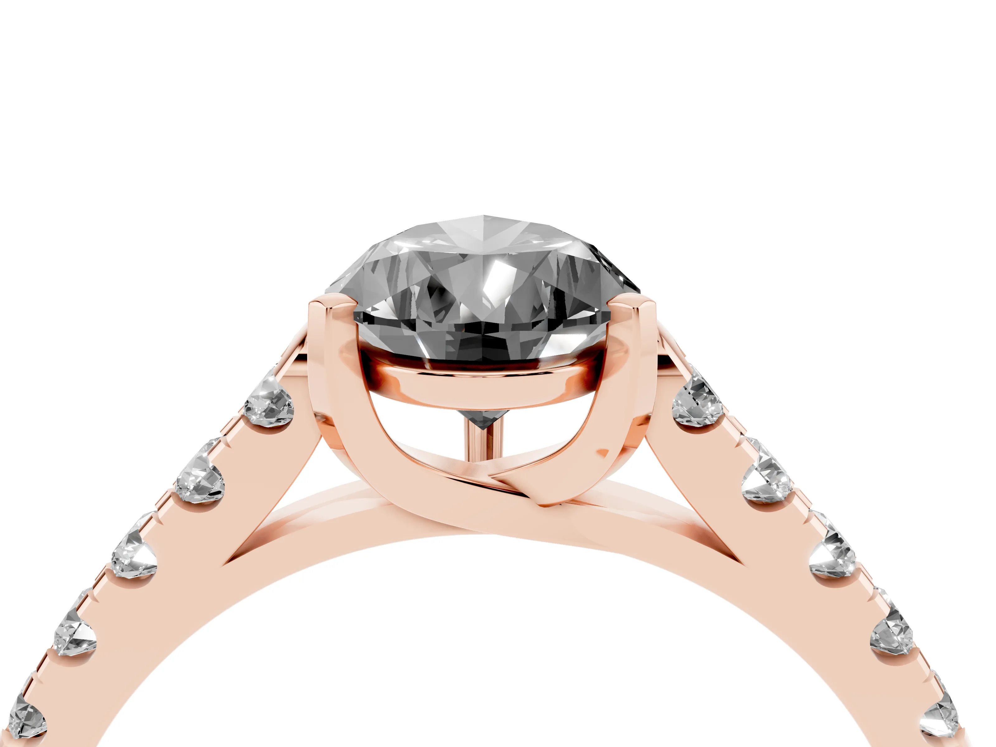 Fancy Black Pear Cut Diamond Pavé Band Solitaire Ring Set in Rose gold with Partway Accent Stones and Prong Setting