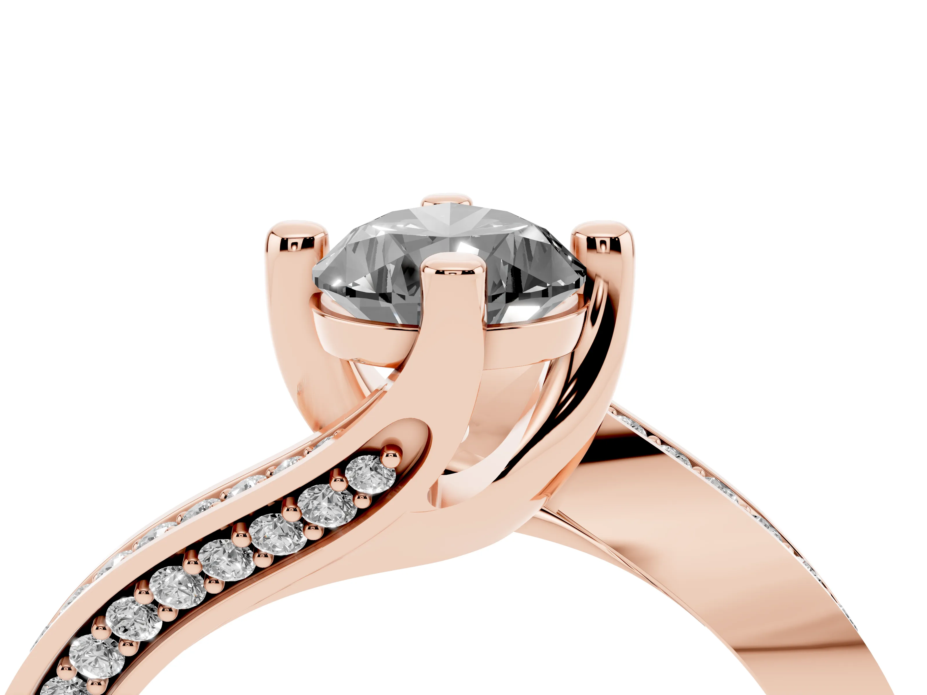 Fancy Black Pear Cut Diamond Solitaire Ring Set in Rose gold with Intertwined Pavé Twist Band