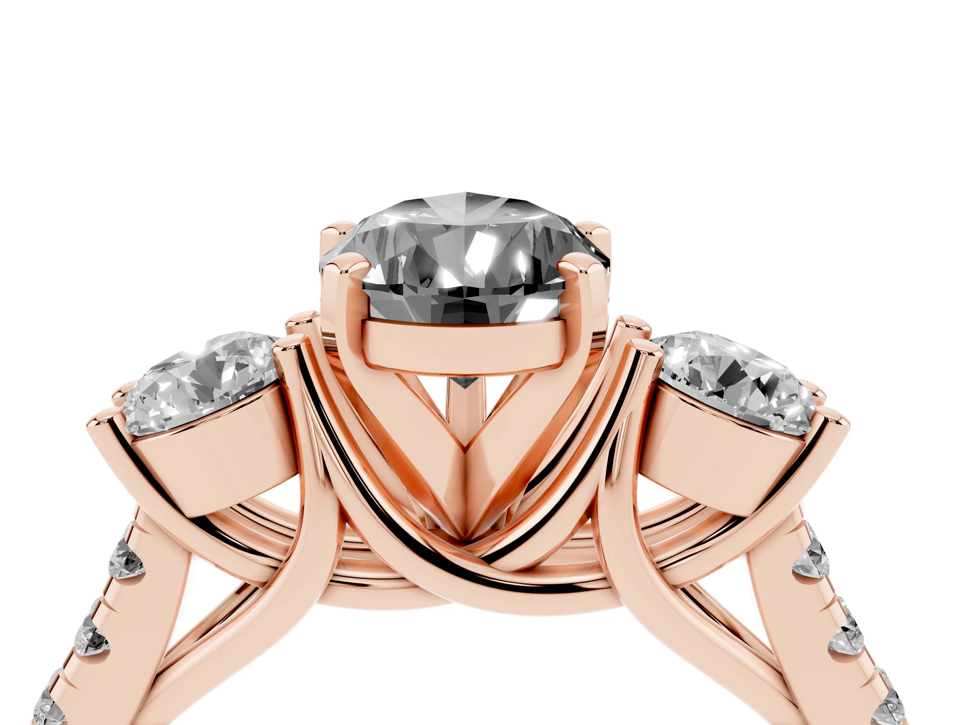 Fancy Black Three-Stone Pear Cut Diamond Pavé Band Ring Set in Rose gold with Prong-Set Trio
