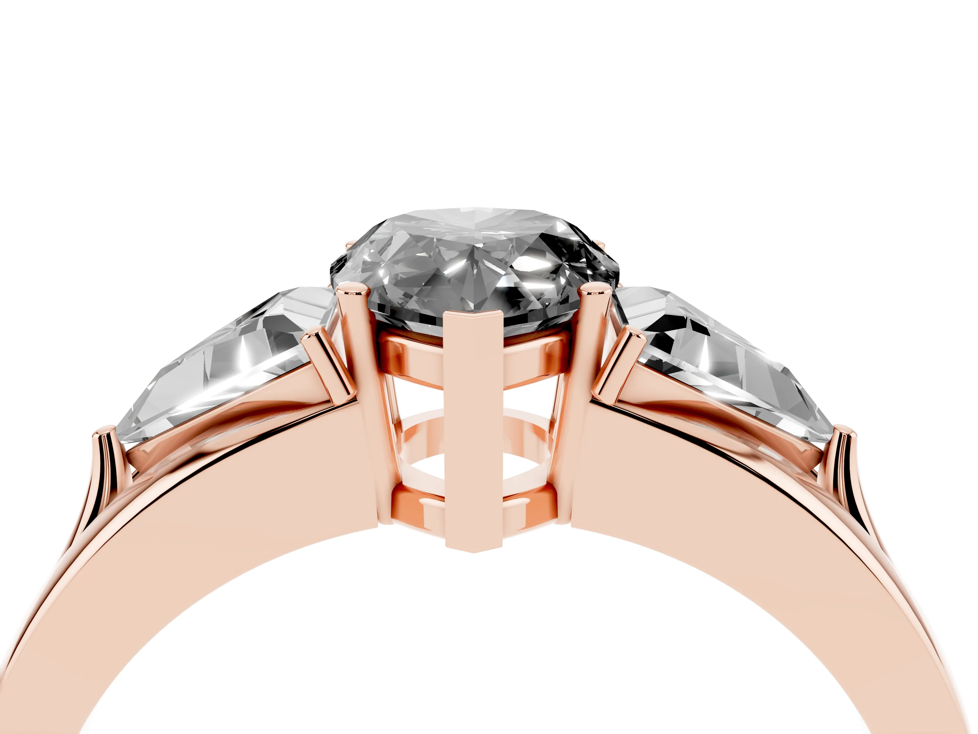Fancy Black Pear Cut Diamond Three-Stone Ring Set in Rose gold with Trillion Side Stones and Split Shank