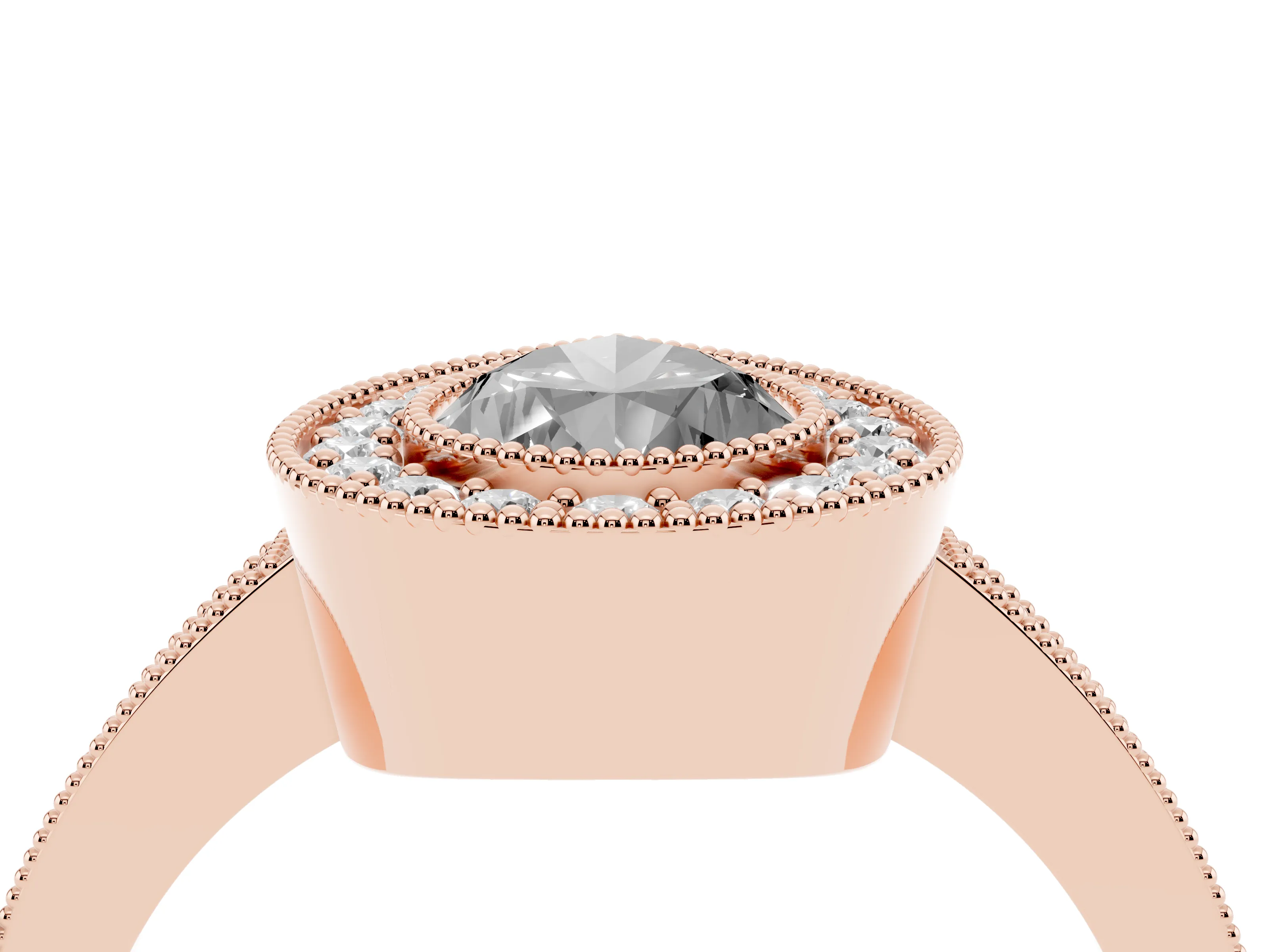 Fancy Black Pear Cut Diamond Halo Engagement Ring Set in Rose gold with Pavé Band and Round Halo Stones