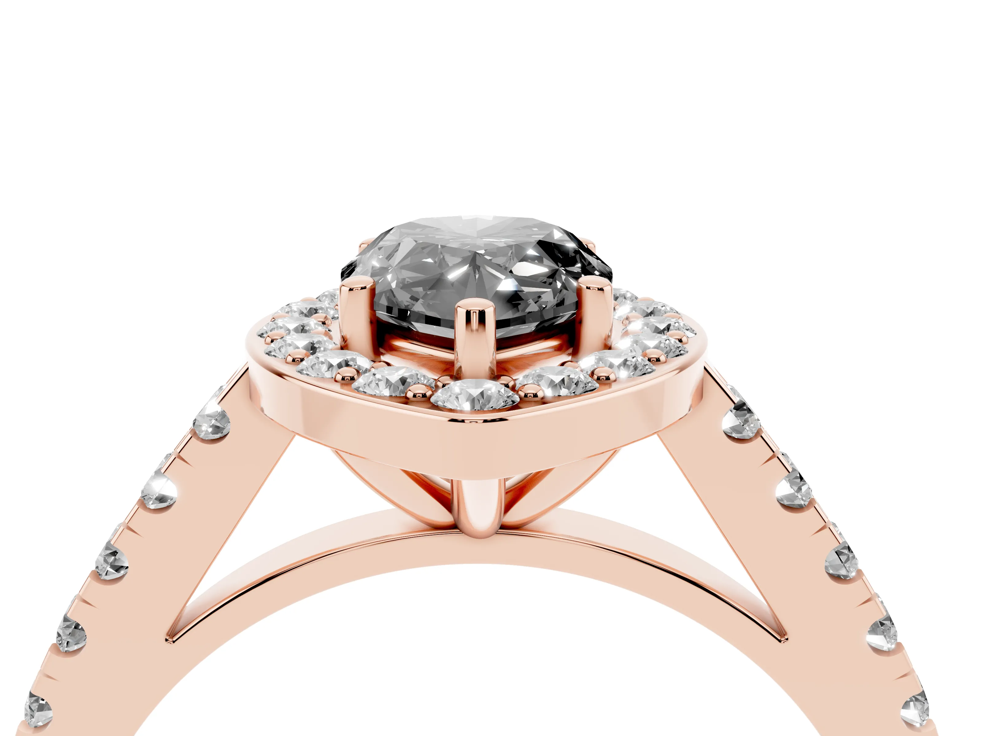 Fancy Black Pear Cut Diamond Halo Ring Set in Rose gold with Round Pavé Split Shank and Prong Setting