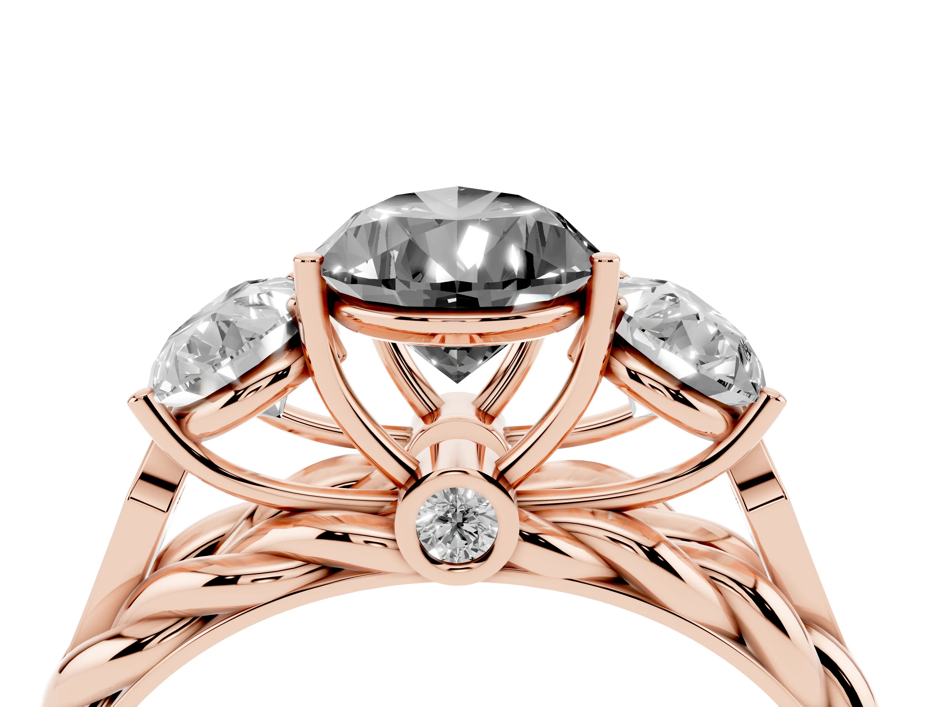 Fancy Black Pear Cut Diamond Three-Stone Ring Set in Rose gold with Braided Band
