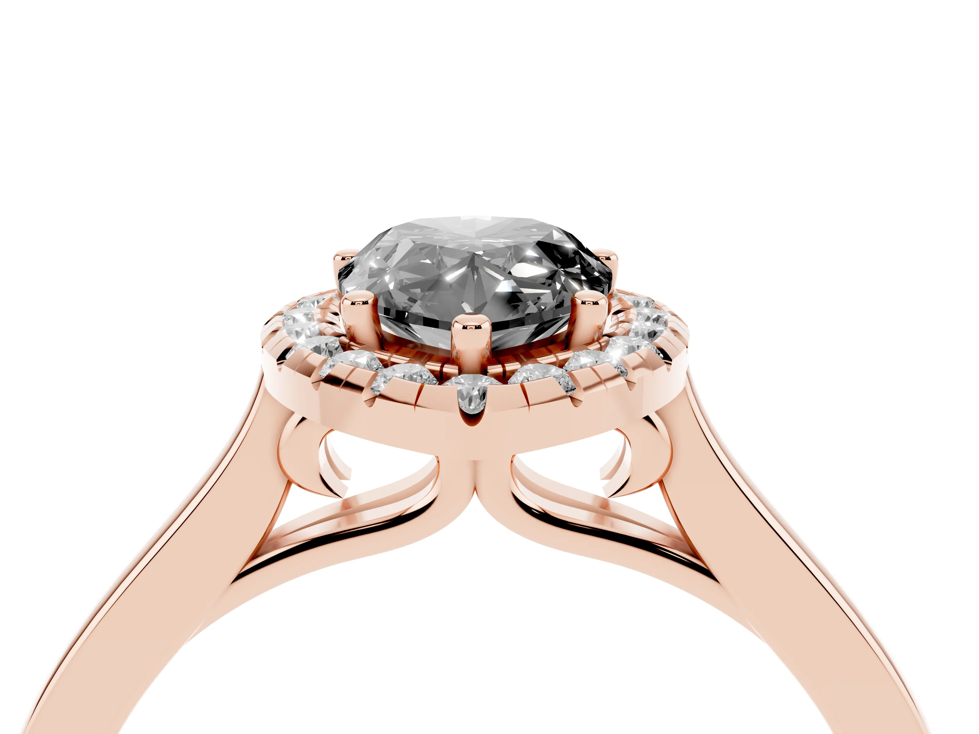 Fancy Black Pear Cut Halo Round Diamond Solitaire Ring Set in Rose gold with Pavé Band and Prong Setting