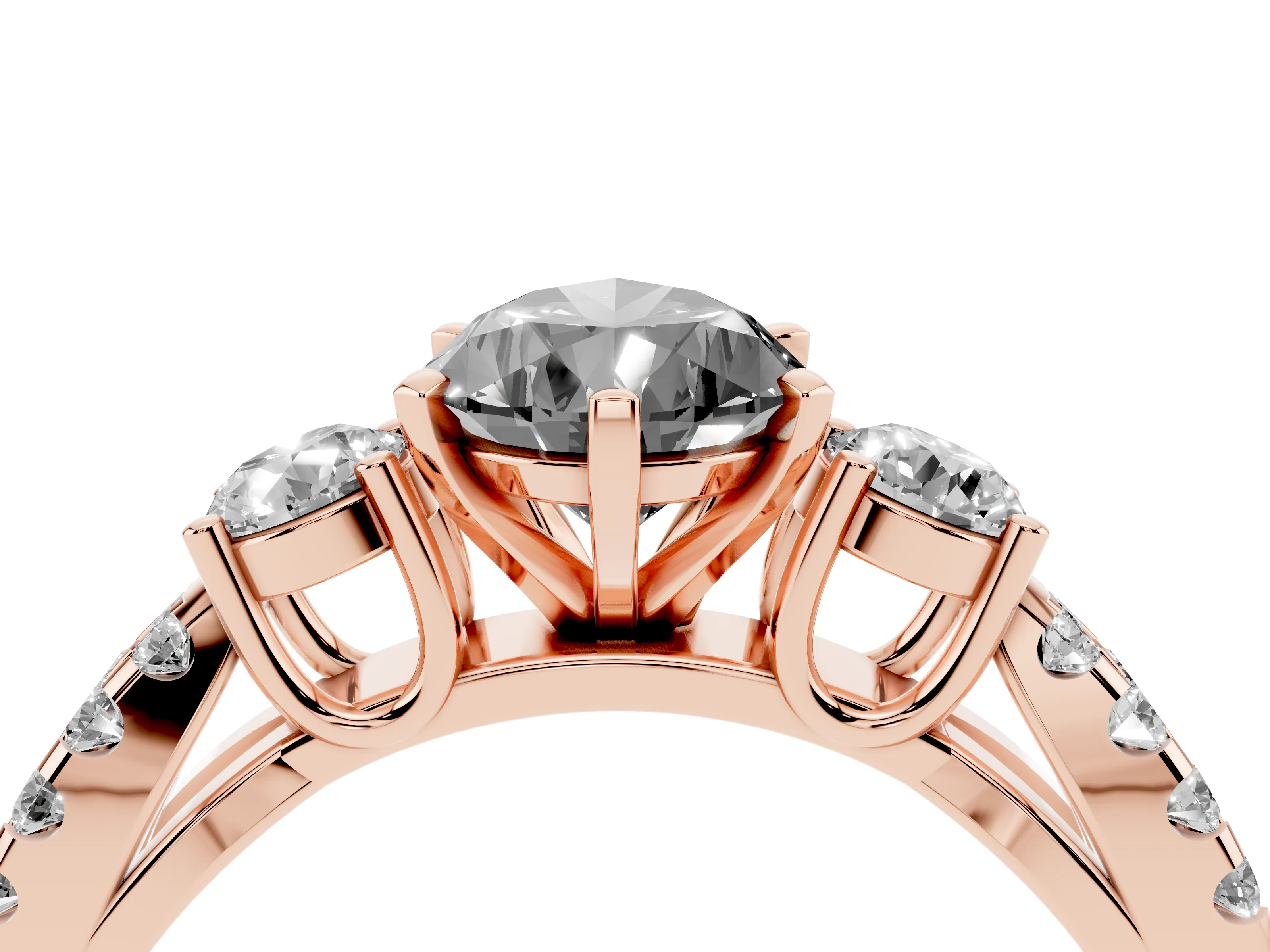 Fancy Black Pear Cut Diamond Three-Stone Ring Set in Rose gold with Pavé Split Shank and Prong Setting