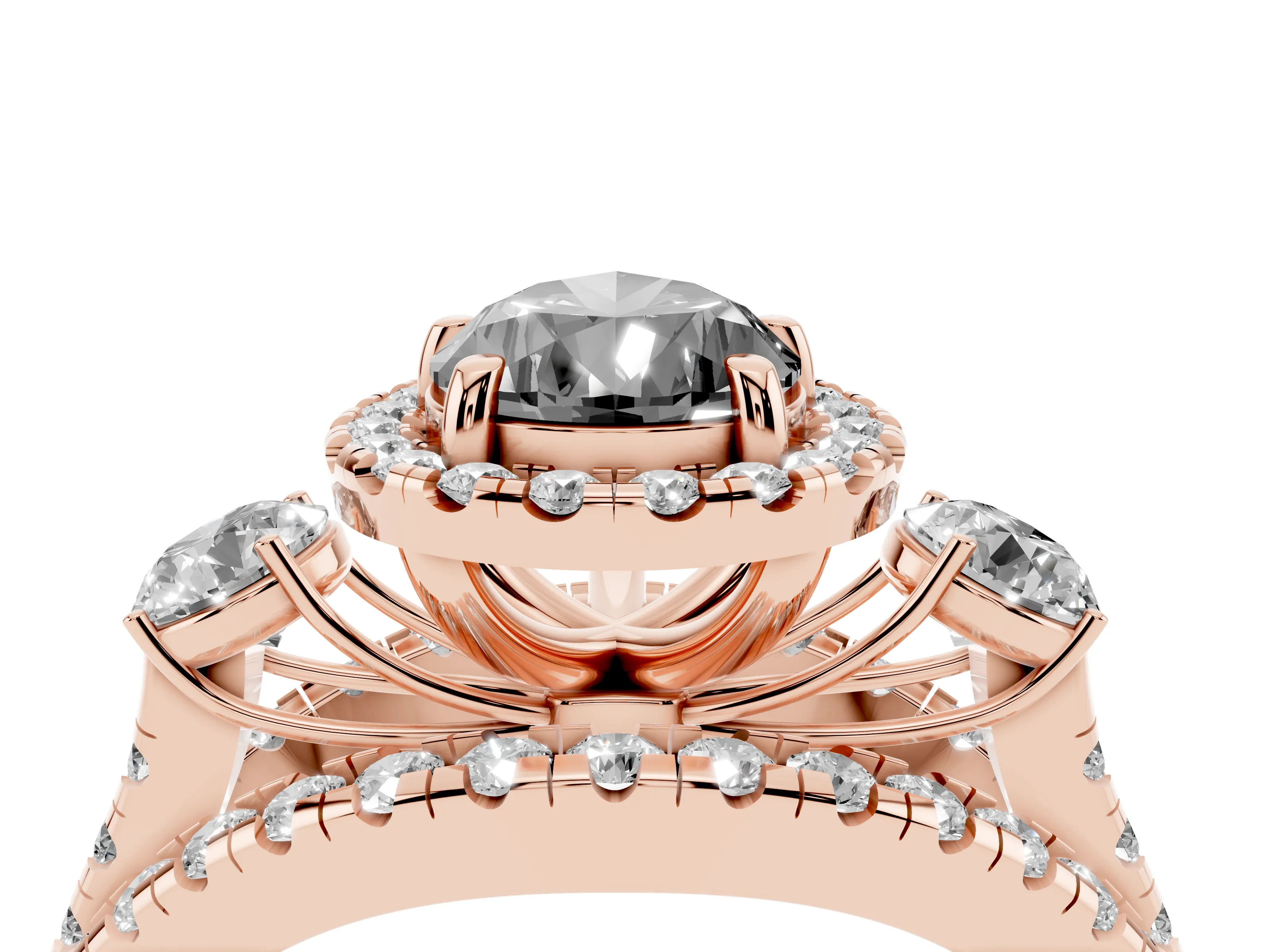 Fancy Black Pear Cut Diamond Halo Split Shank Ring Set in Rose gold with Round Accent Stones and Prong Setting
