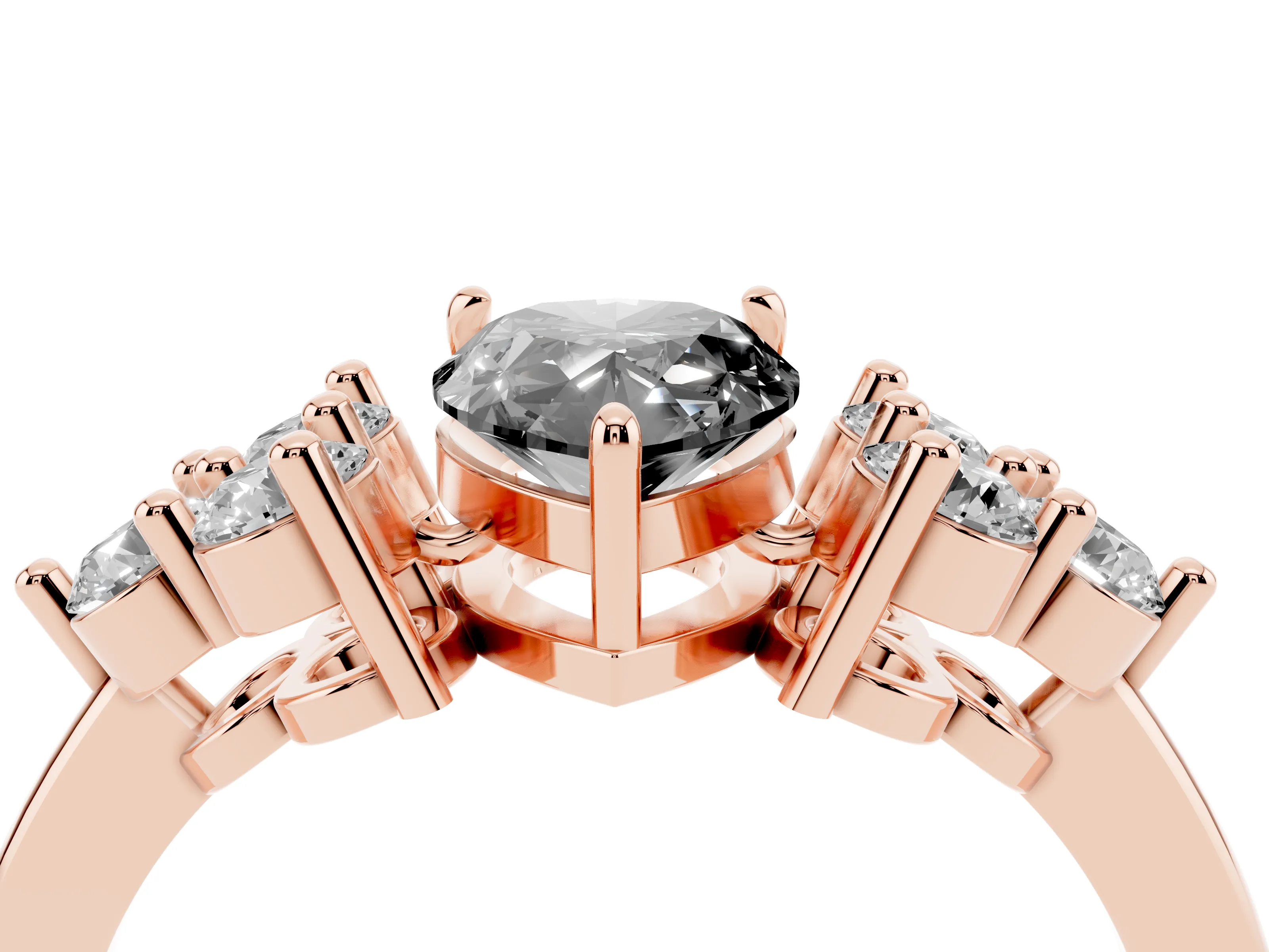 Fancy Black Pear Cut Diamond Solitaire Ring Set in Rose gold with Cluster Accents on Each Side