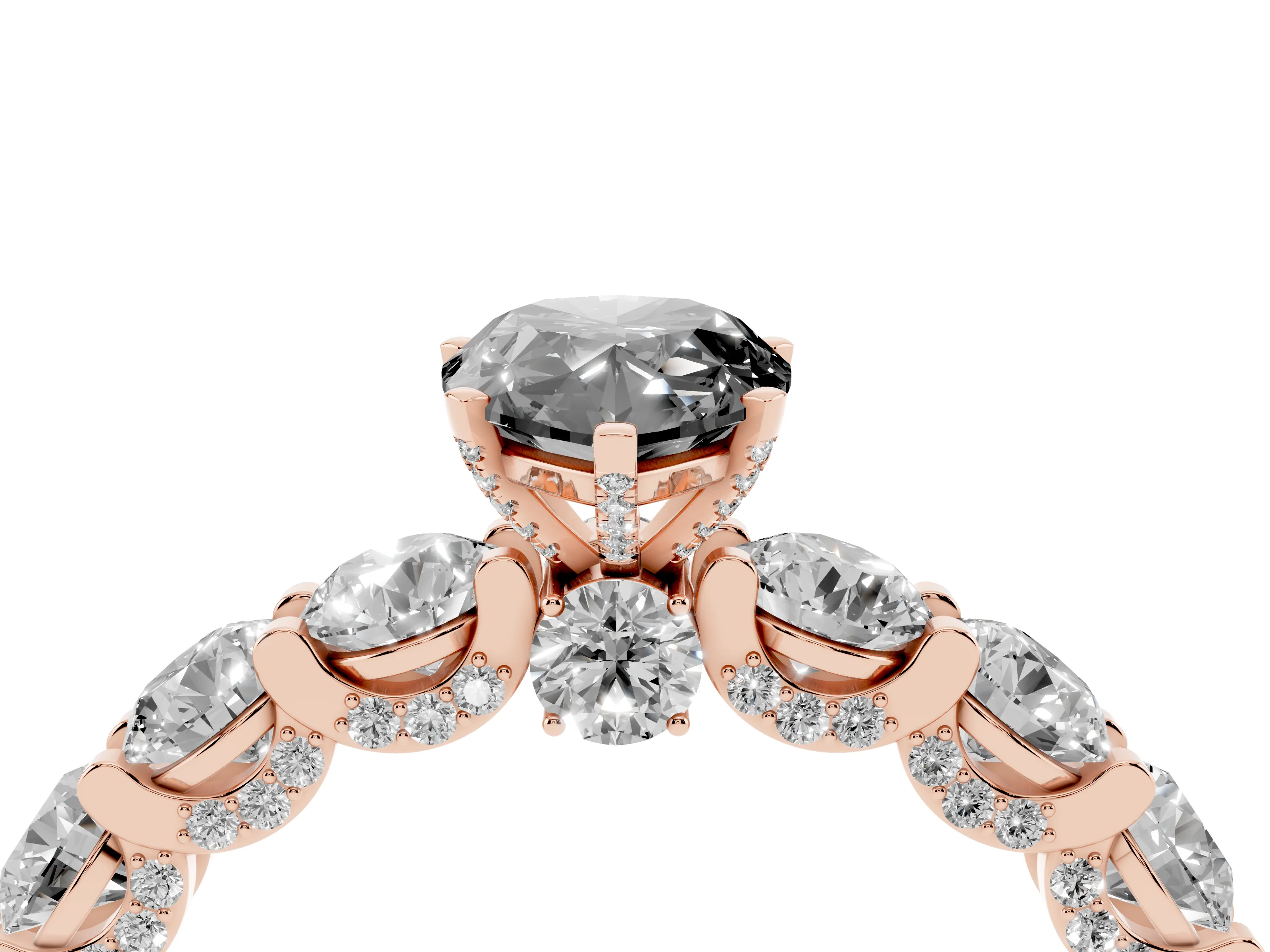 Fancy Black Pear Cut Diamond Side Stone Ring Set in Rose gold with Alternating Round and Oval Side Stones