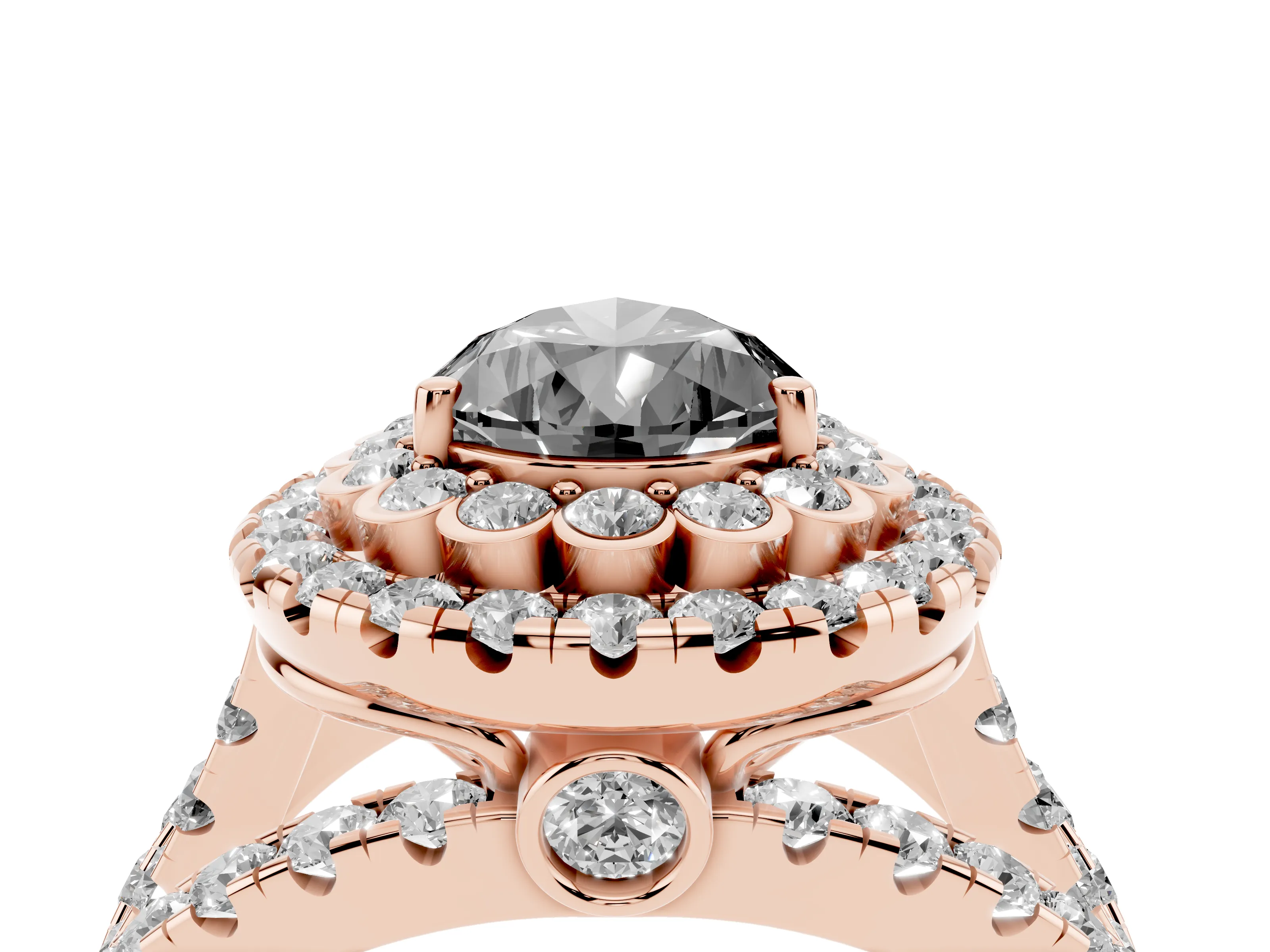 Fancy Black Pear Cut Diamond Double Halo Ring Set in Rose gold with Round Pavé Split Shank