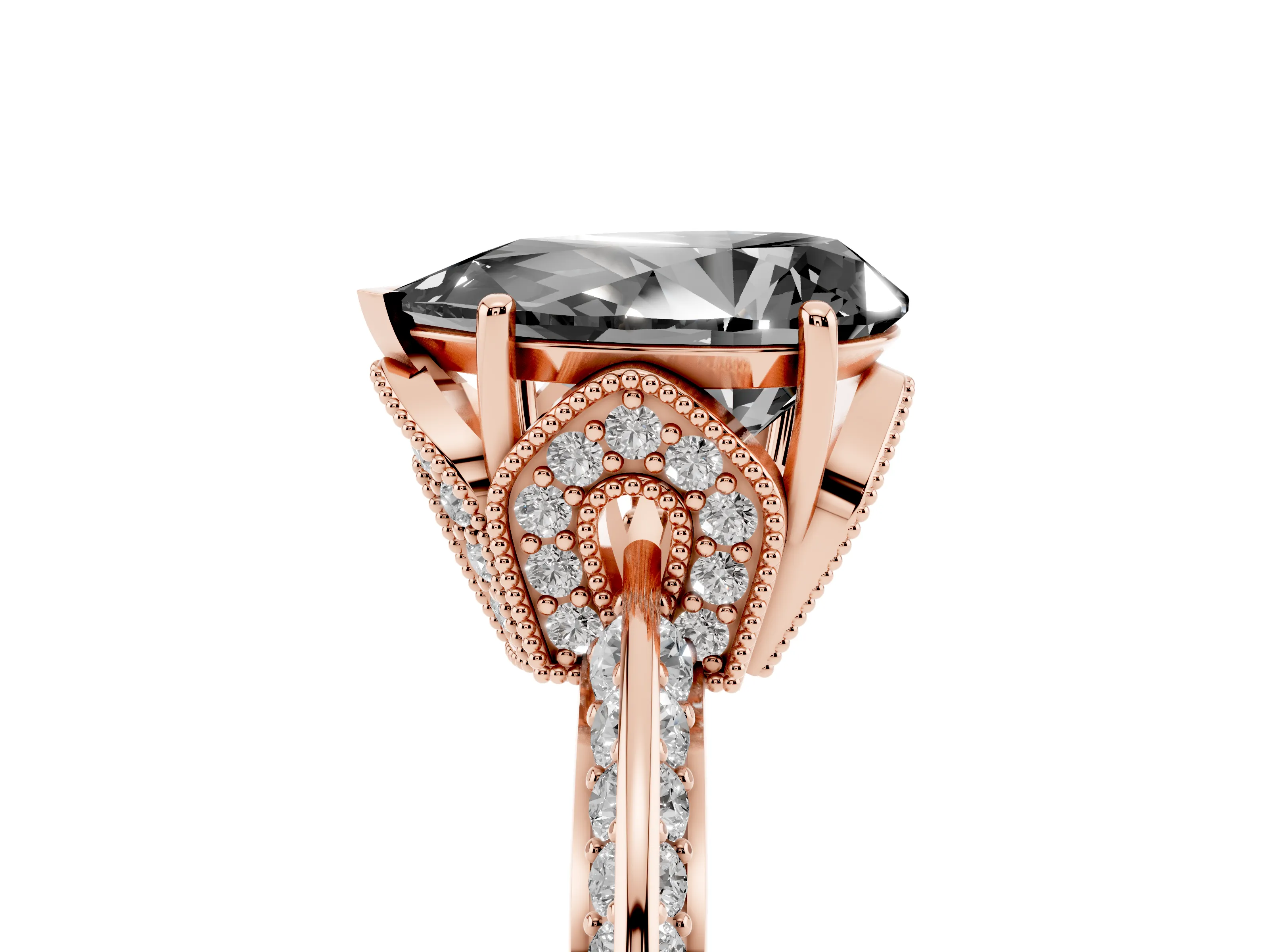 Fancy Black Pear Cut Diamond Solitaire Engagement Ring Set in Rose gold with Pavé Split Shank and Prong Setting