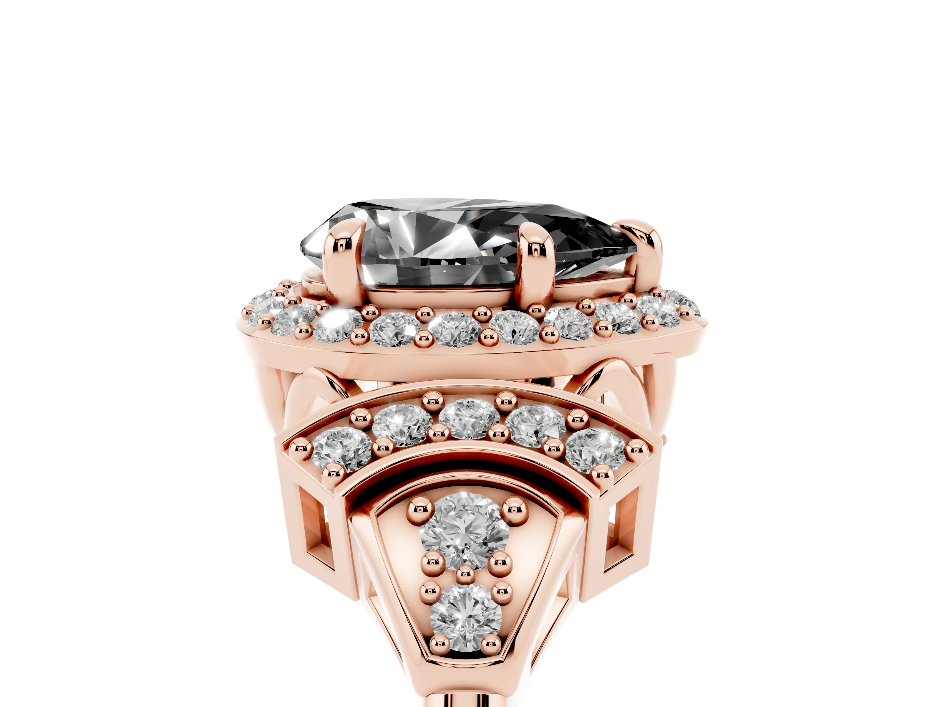 Fancy Black Pear Cut Diamond Halo Engagement Ring Set in Rose gold with Accent Stone Split Shank