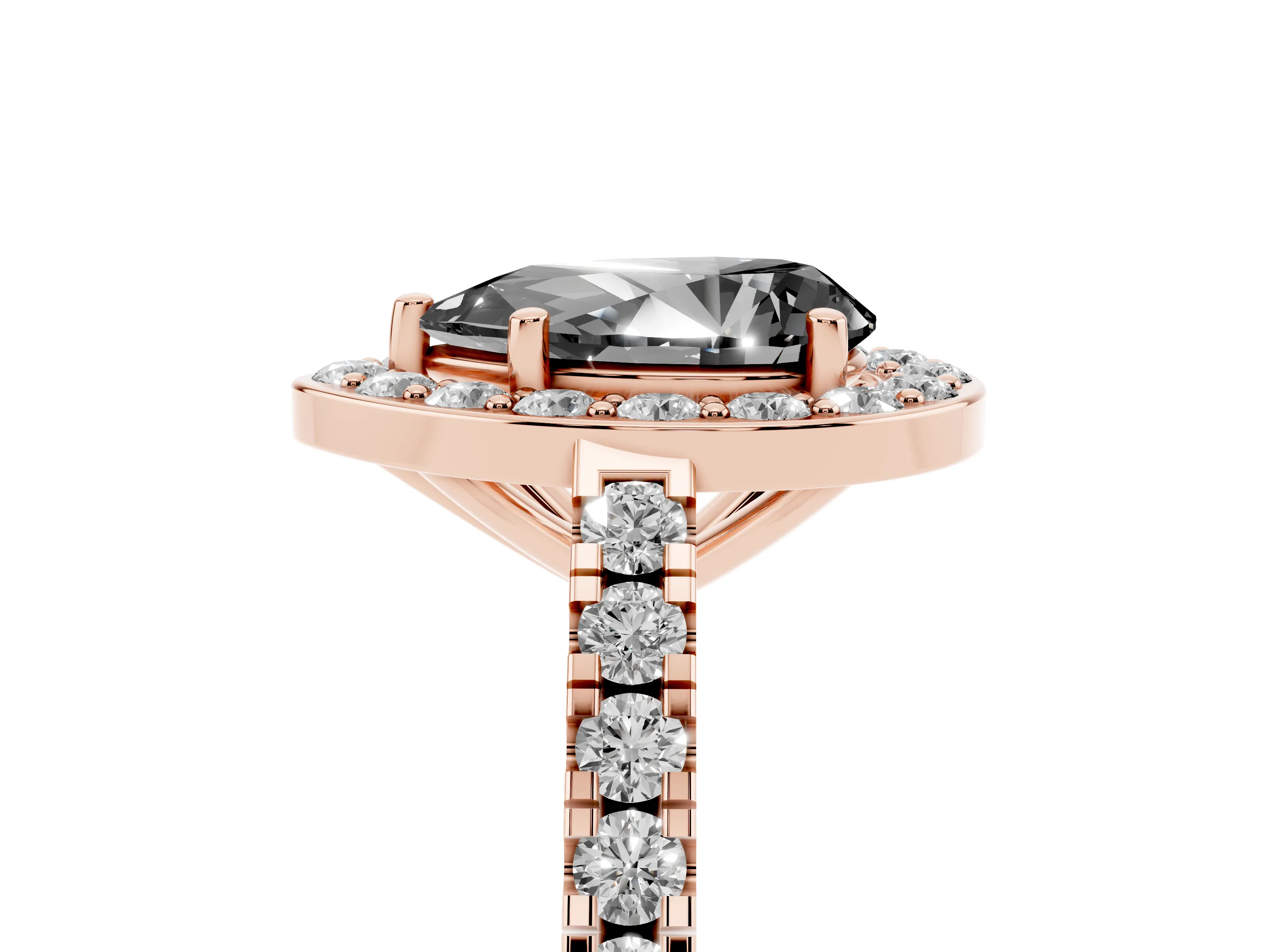Fancy Black Pear Cut Diamond Halo Ring Set in Rose gold with Round Pavé Split Shank and Prong Setting