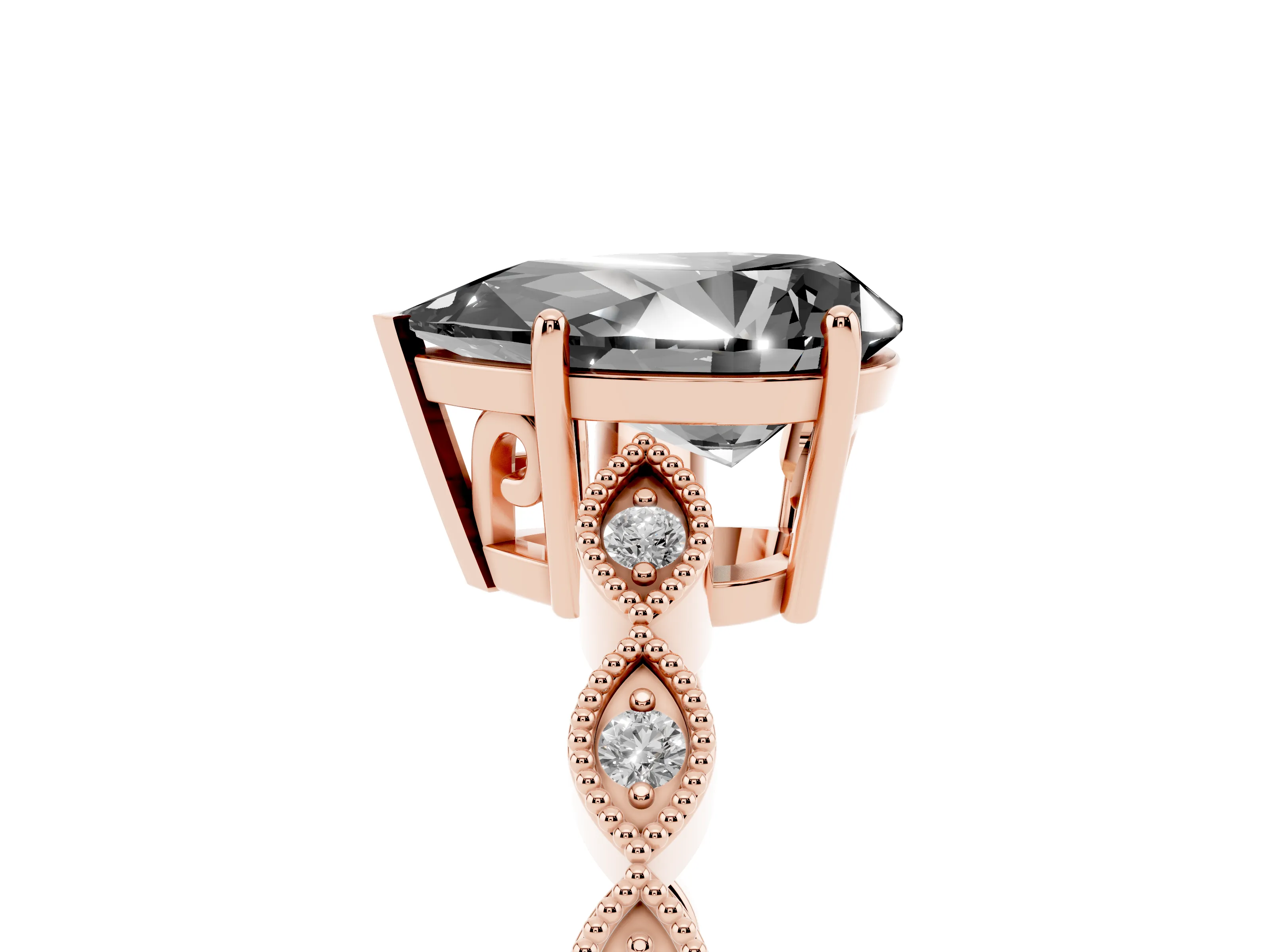 Fancy Black Pear Cut Diamond Solitaire Ring Set in Rose gold with Infinity Twist Pavé Band