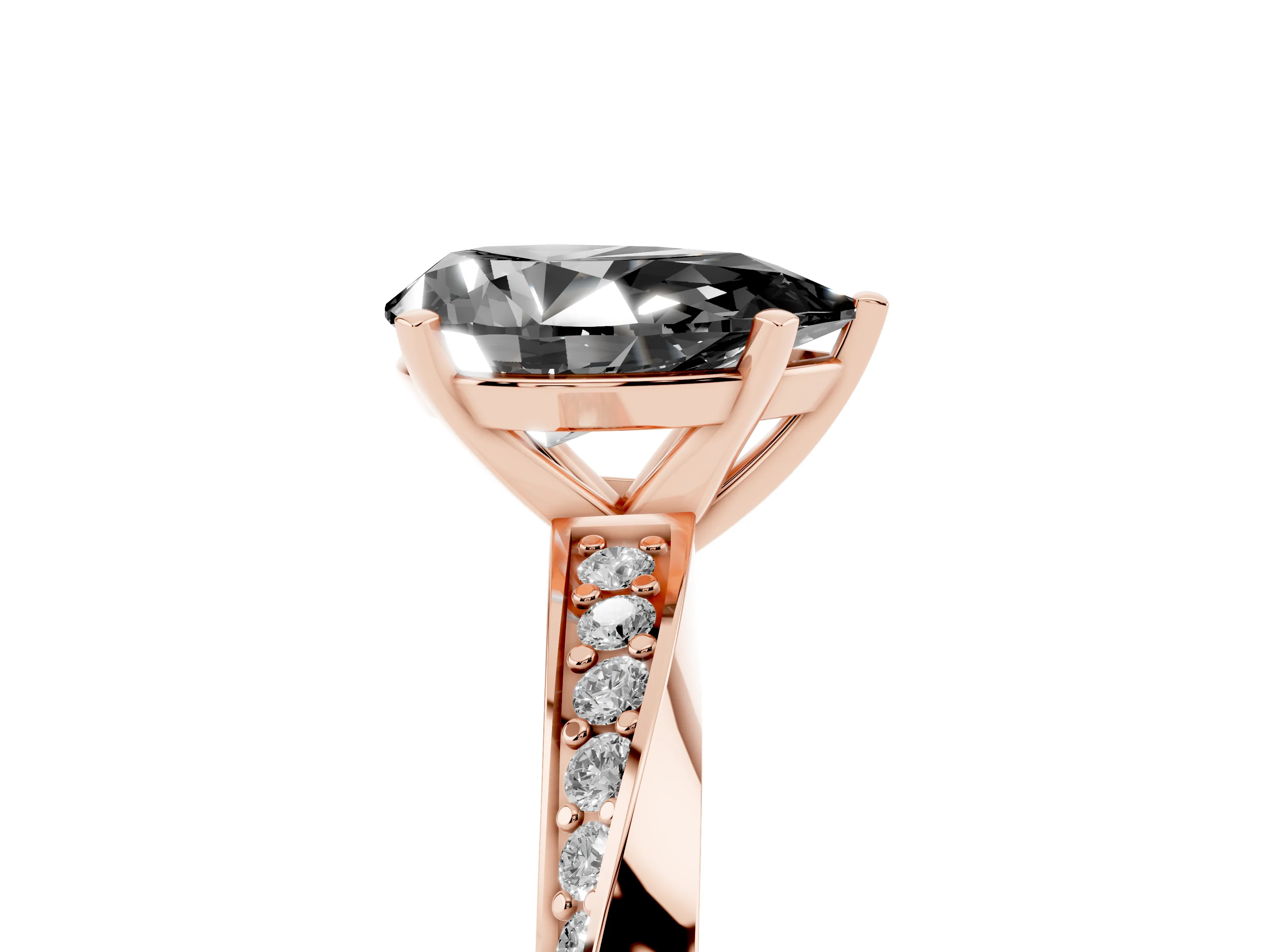 Fancy Black Pear Cut Diamond Engagement Ring Set in Rose gold with Side Stone Accents and Prong Setting