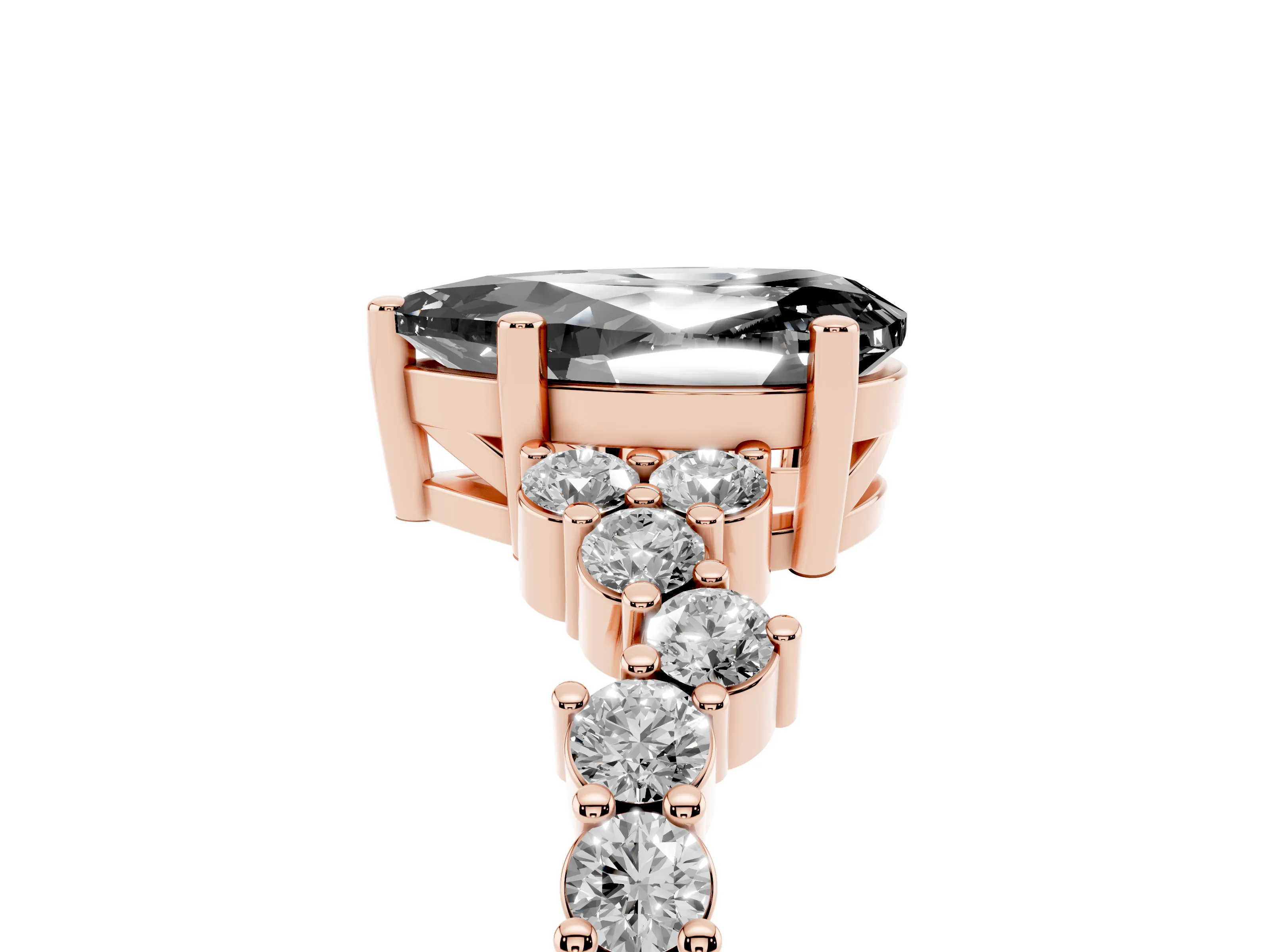 Fancy Black Pear Cut Diamond Ring Set in Rose gold with Scattered Round Accents
