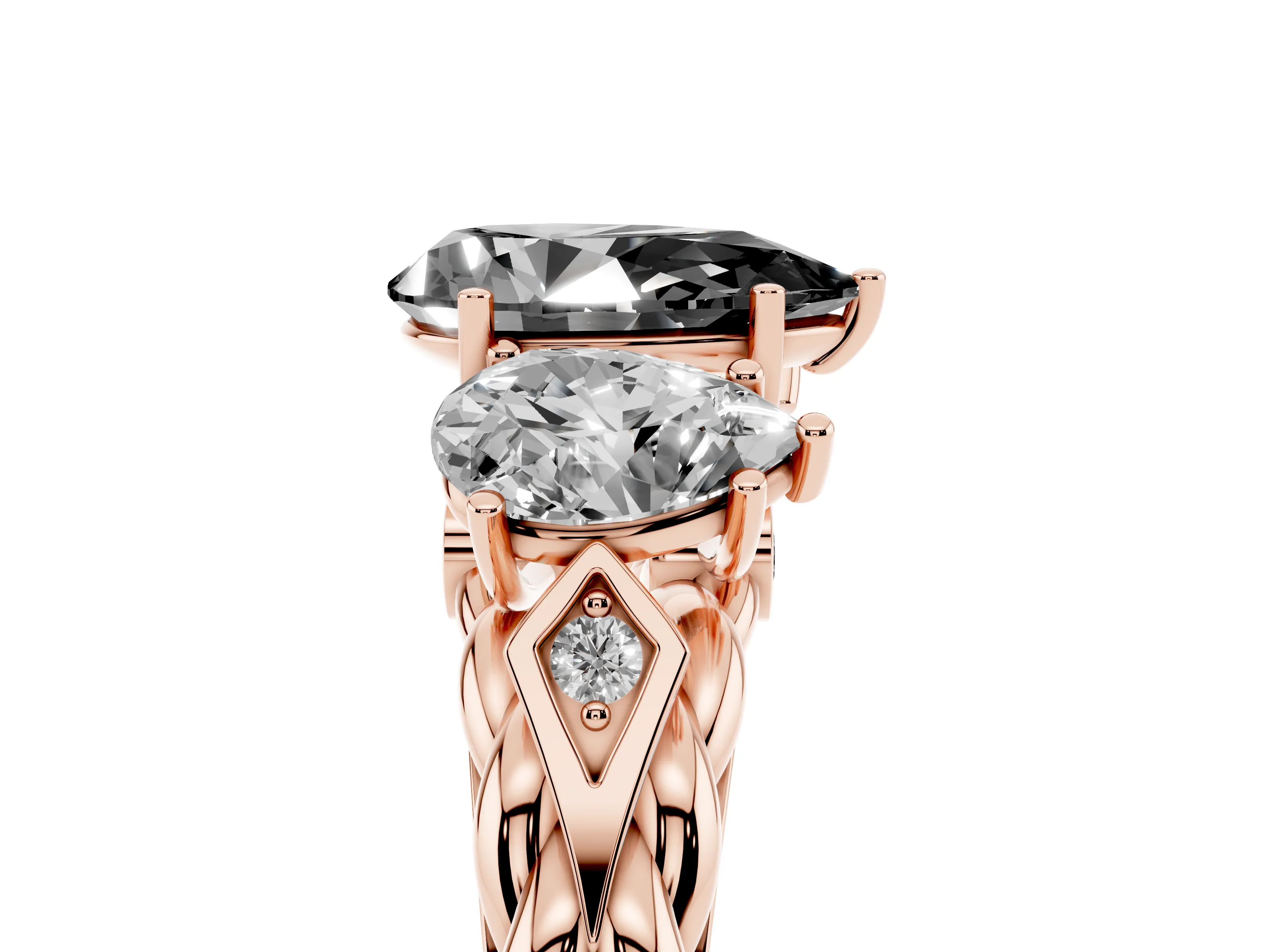Fancy Black Pear Cut Diamond Three-Stone Ring Set in Rose gold with Braided Band