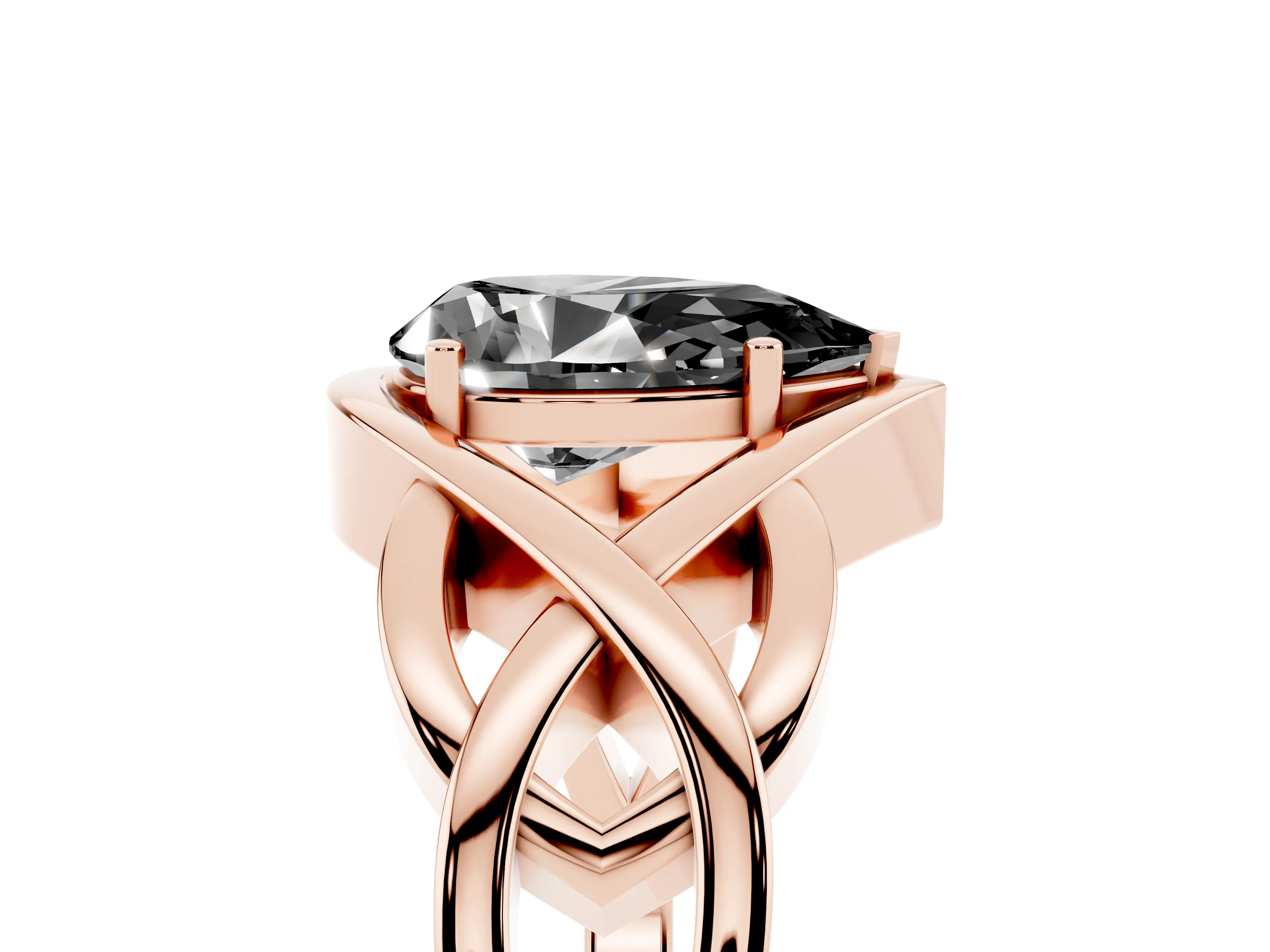Fancy Black Pear Cut Diamond Solitaire Ring Set in Rose gold with Intertwined Band
